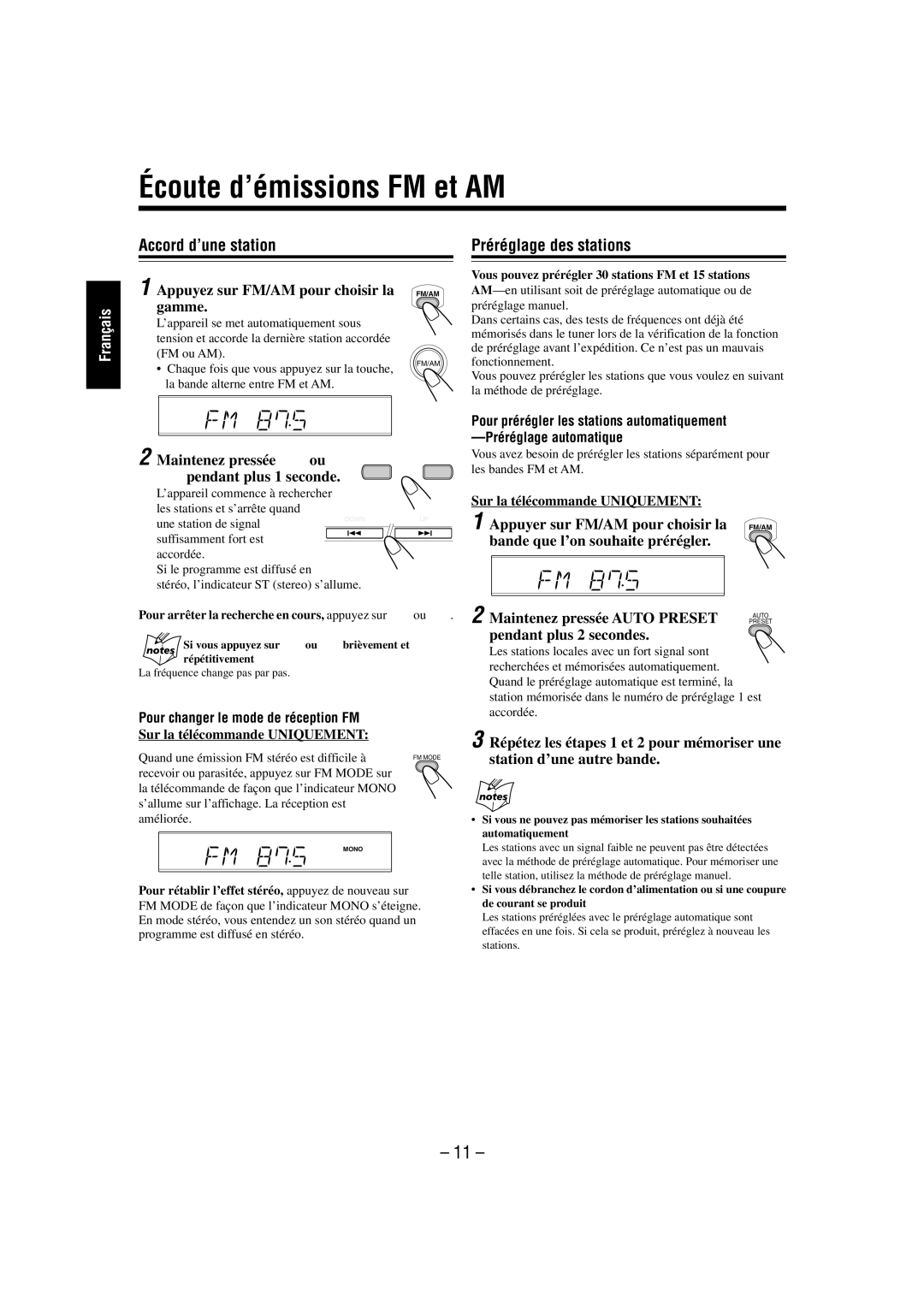 JVC FS-L30 manual Écoute d’émissions FM et AM, Accord d’une station, Préréglage des stations 