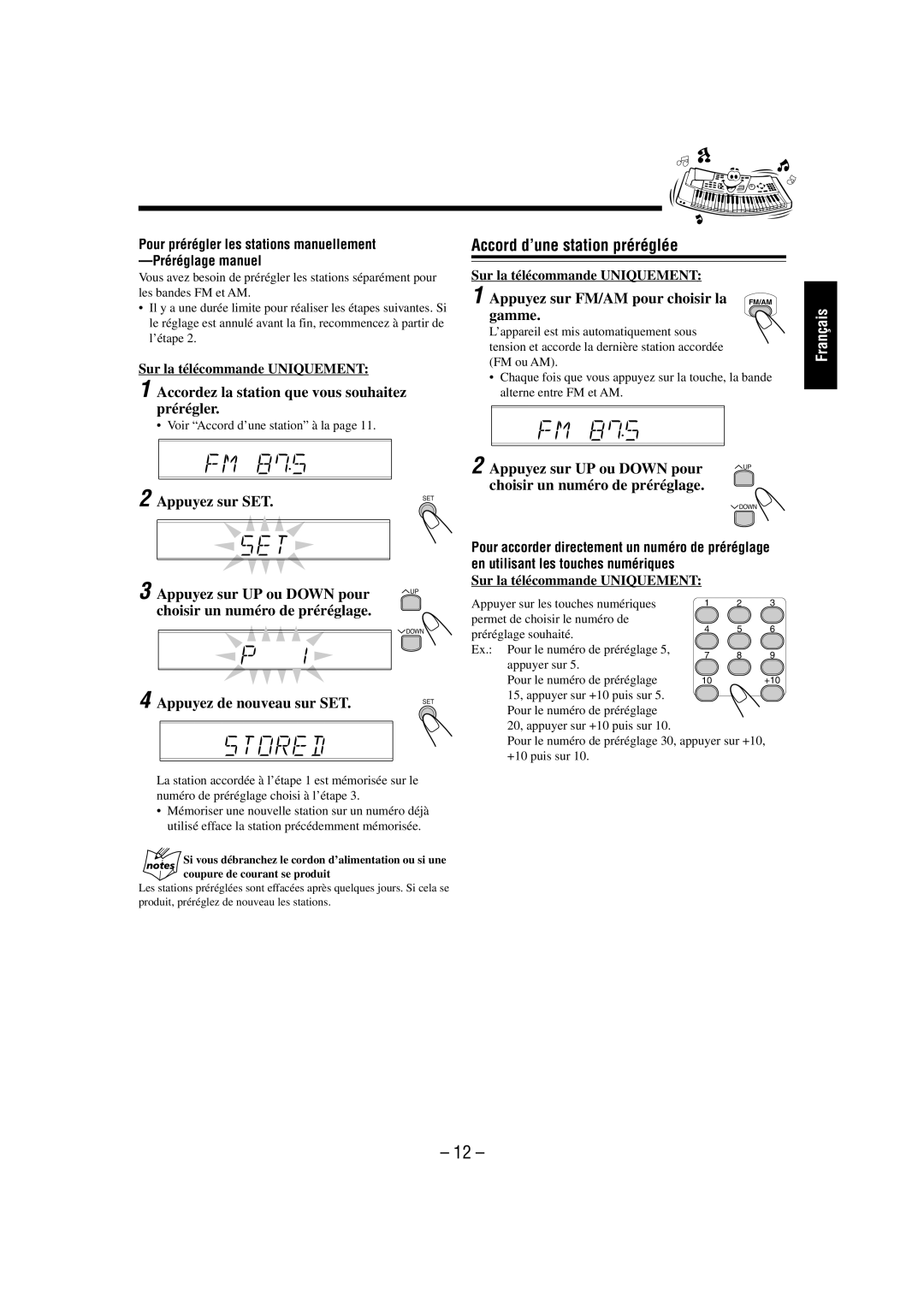 JVC FS-L30 manual Accord d’une station préréglée 