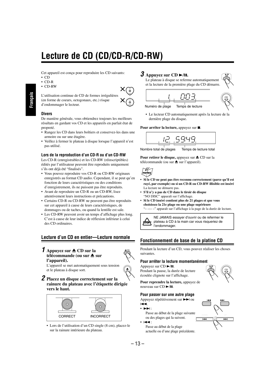 JVC FS-L30 Lecture de CD CD/CD-R/CD-RW, Lecture d’un CD en entier-Lecture normale, Fonctionnement de base de la platine CD 