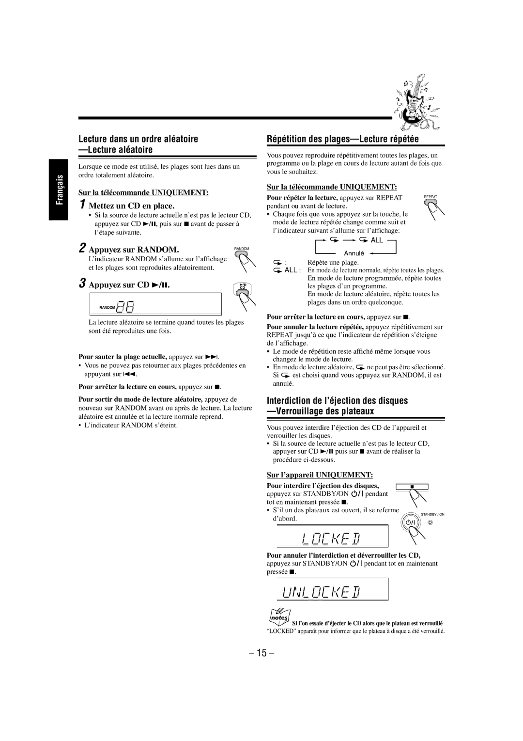 JVC FS-L30 Lecture dans un ordre aléatoire Lecture aléatoire, Répétition des plages-Lecture répétée, Appuyez sur Random 