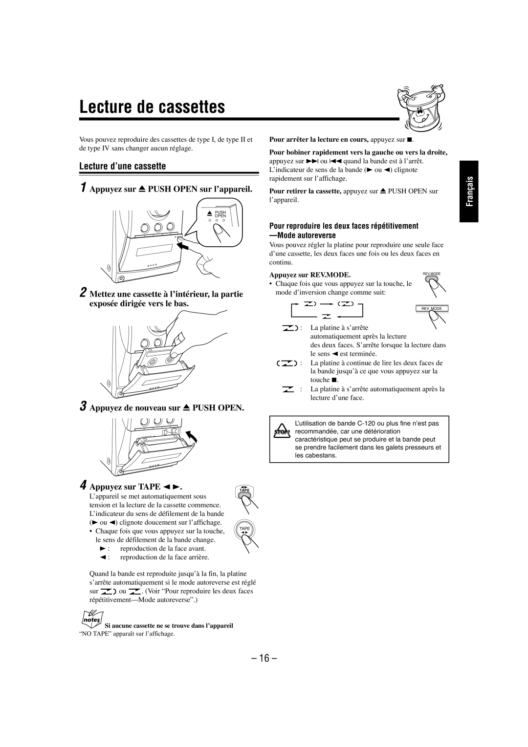 JVC FS-L30 Lecture de cassettes, Lecture d’une cassette, Appuyez sur 0 Push Open sur l’appareil, Appuyez sur REV.MODE 