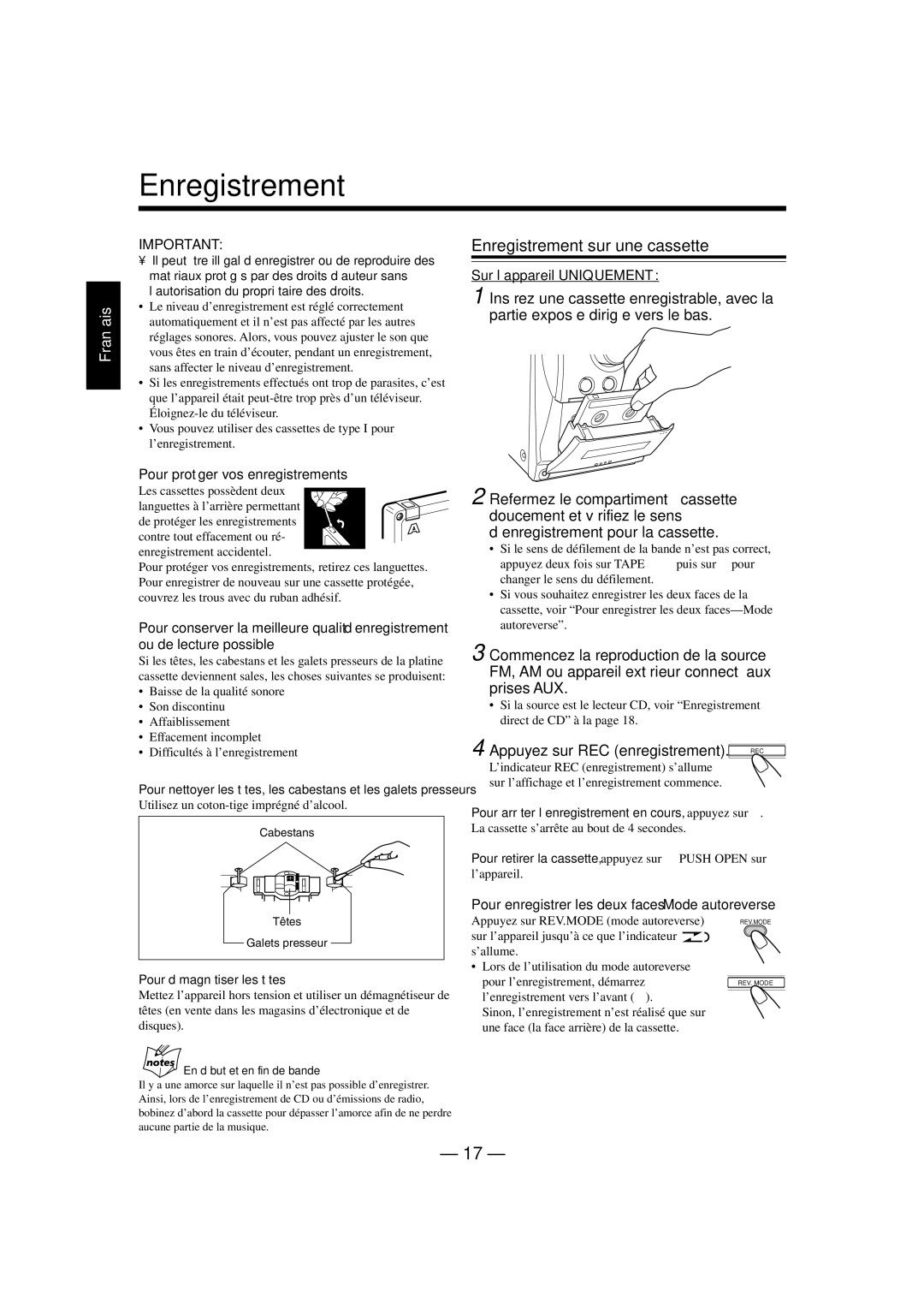 JVC FS-L30 manual Enregistrement sur une cassette, Appuyez sur REC enregistrement, Pour protéger vos enregistrements 