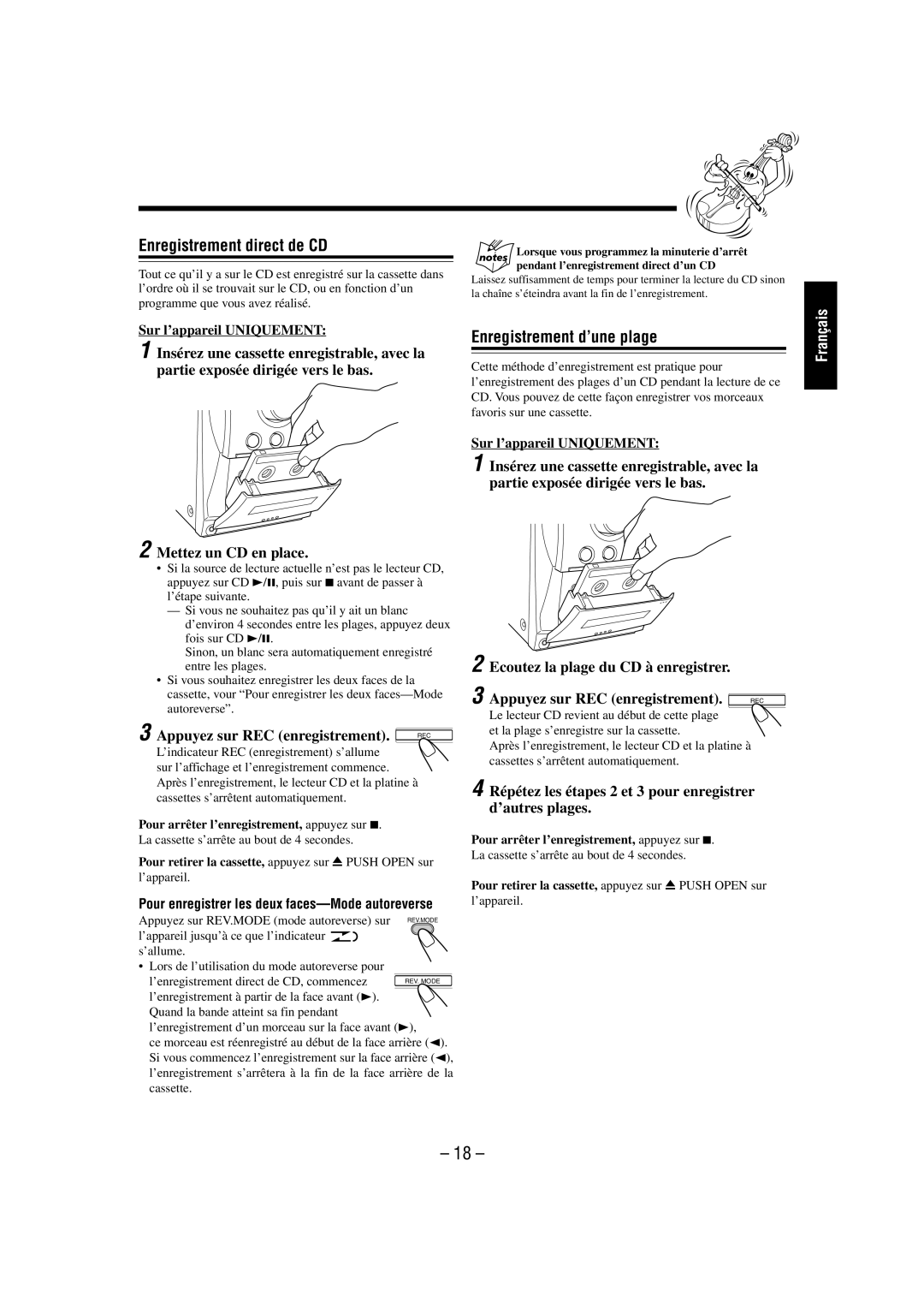 JVC FS-L30 manual Enregistrement direct de CD, Enregistrement d’une plage, Pour enregistrer les deux faces-Mode autoreverse 