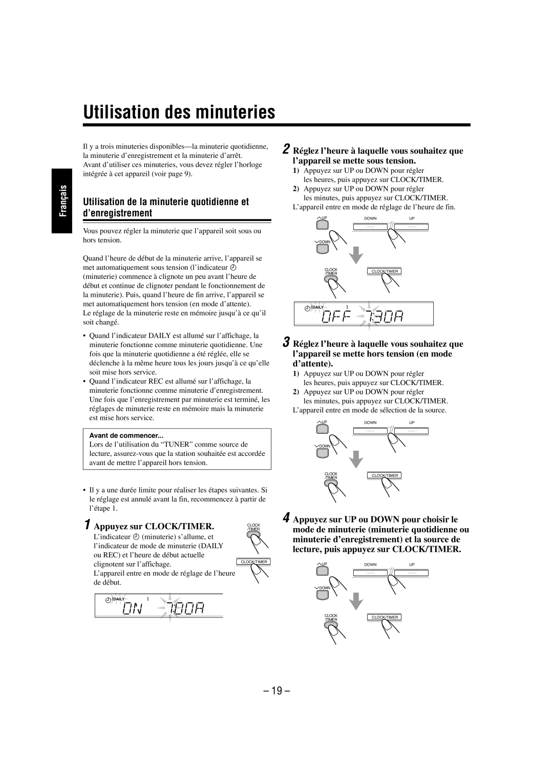 JVC FS-L30 manual Utilisation des minuteries, Utilisation de la minuterie quotidienne et d’enregistrement 