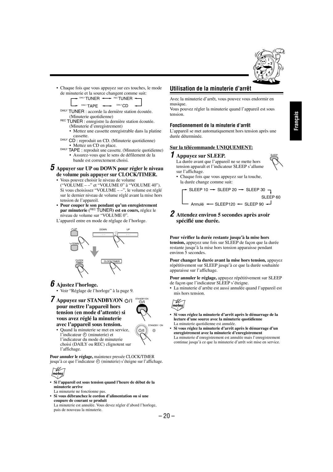 JVC FS-L30 manual Utilisation de la minuterie d’arrêt, Appuyez sur Sleep, Ajustez l’horloge 