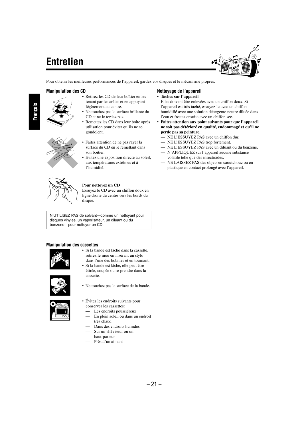 JVC FS-L30 manual Entretien, Manipulation des CD, Nettoyage de l’appareil, Manipulation des cassettes 