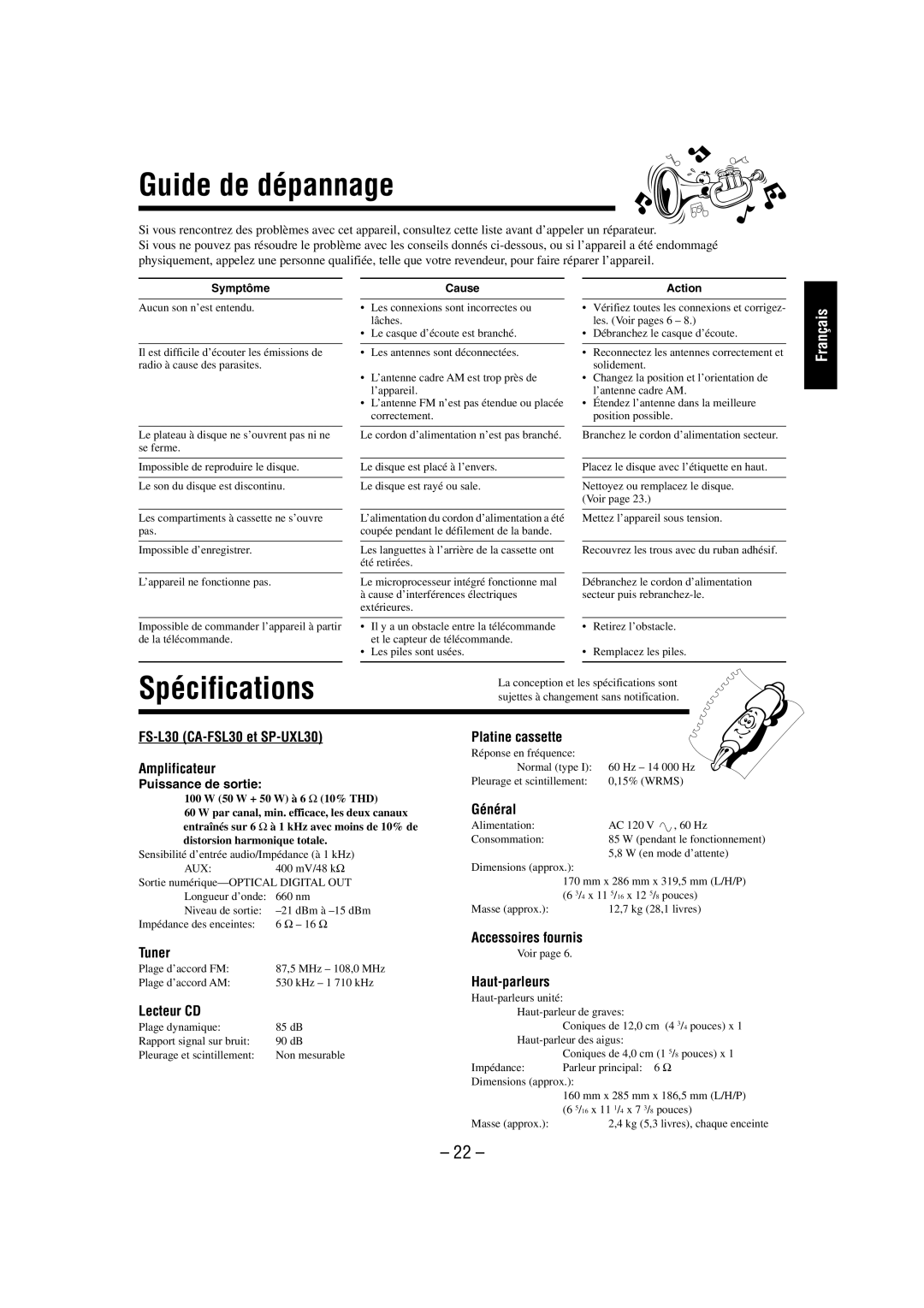 JVC FS-L30 manual Guide de dépannage, Spécifications 