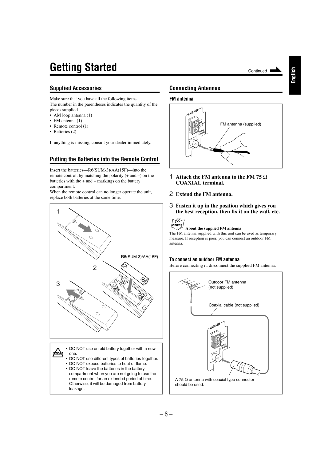 JVC FS-L30 manual Getting Started, Supplied Accessories Connecting Antennas, To connect an outdoor FM antenna 