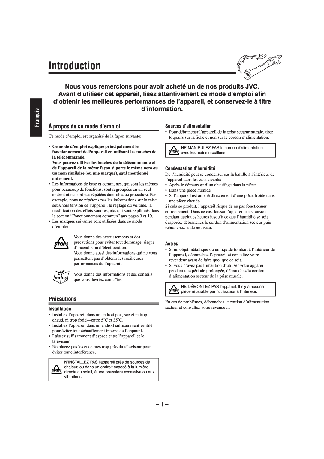 JVC FS-L30 manual Introduction, À propos de ce mode d’emploi, Précautions, Français 