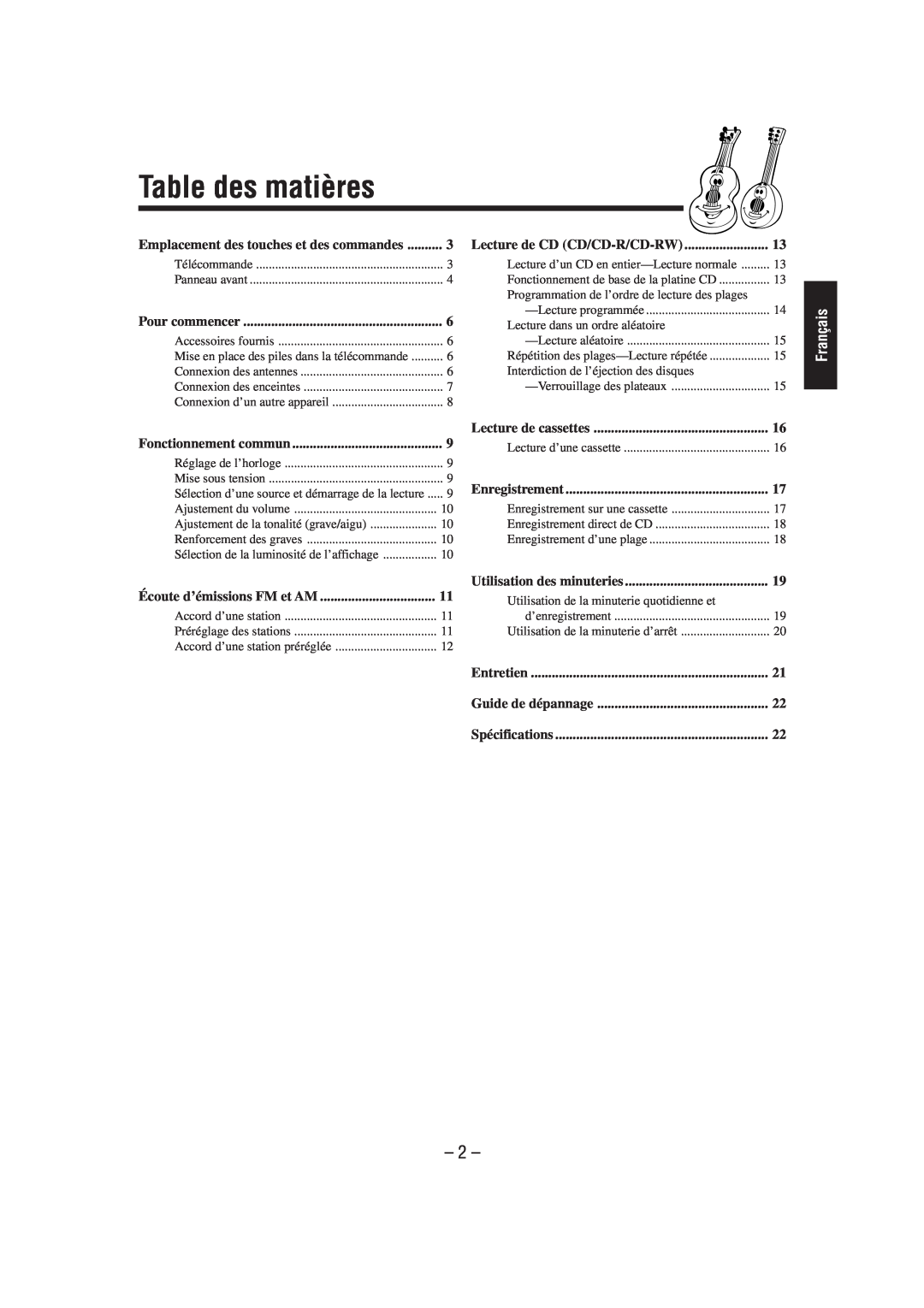 JVC FS-L30 manual Table des matières, Français, Emplacement des touches et des commandes 