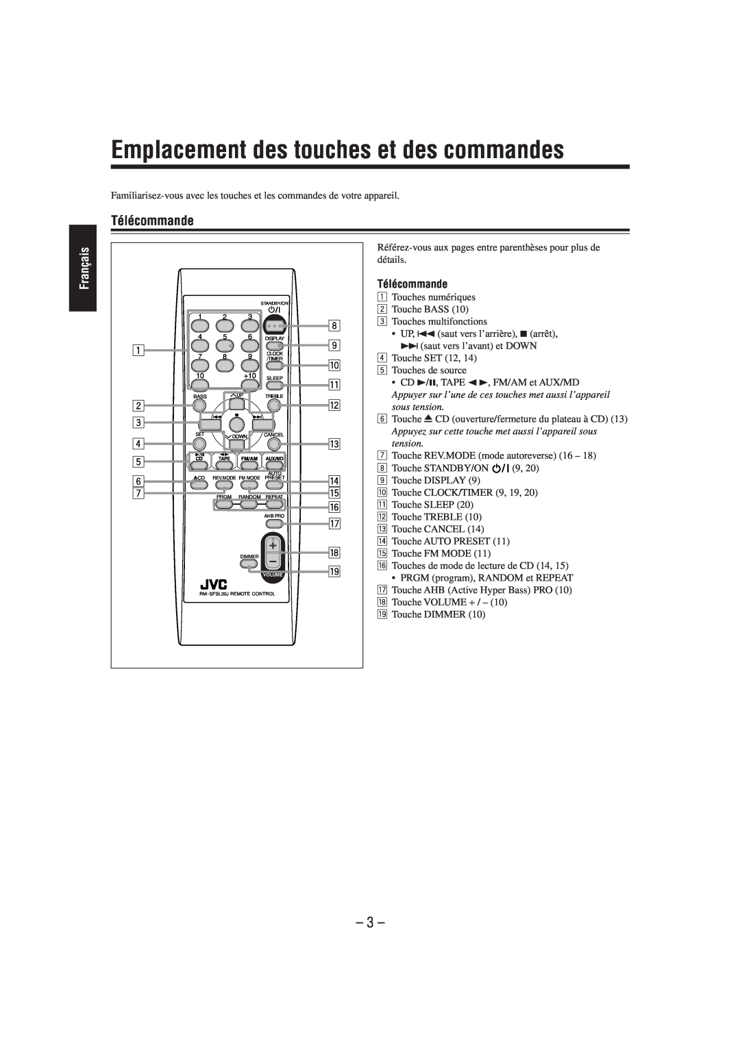 JVC FS-L30 manual Emplacement des touches et des commandes, Télécommande, Français, 8 9 p q w e r t y u i o 