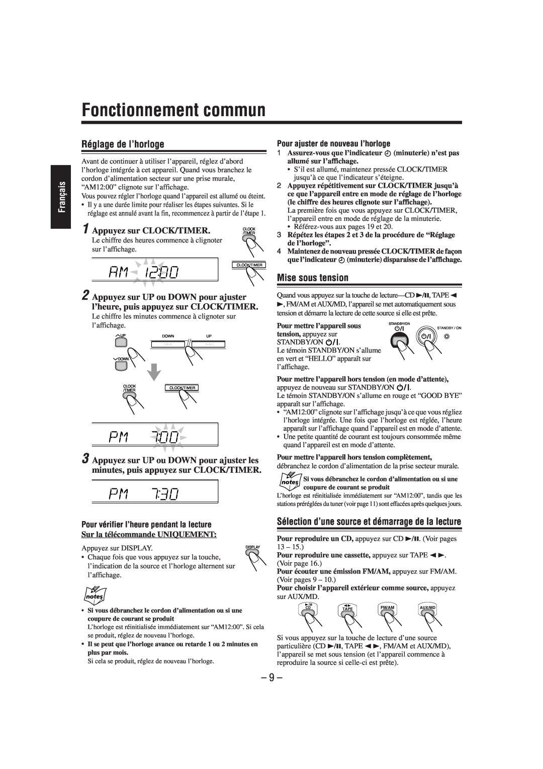 JVC FS-L30 manual Fonctionnement commun, Réglage de l’horloge, Mise sous tension, Français, Appuyez sur CLOCK/TIMER 