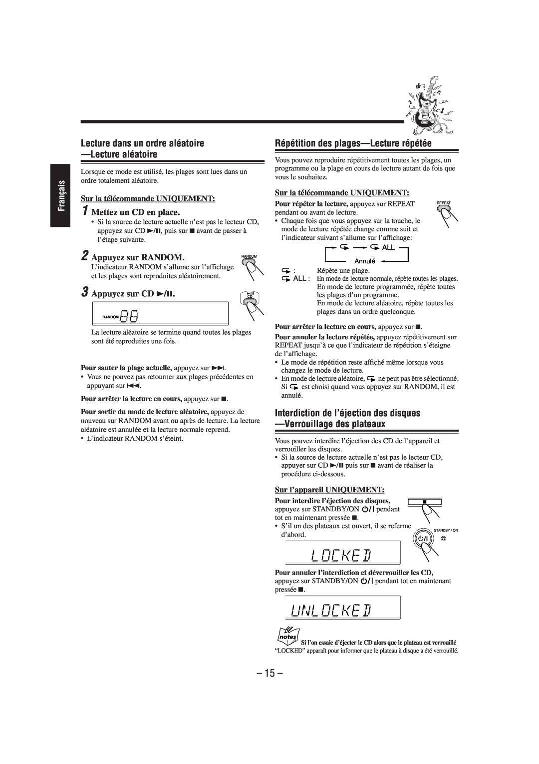 JVC FS-L30 manual Lecture dans un ordre aléatoire -Lecturealéatoire, Répétition des plages-Lecturerépétée, Français 