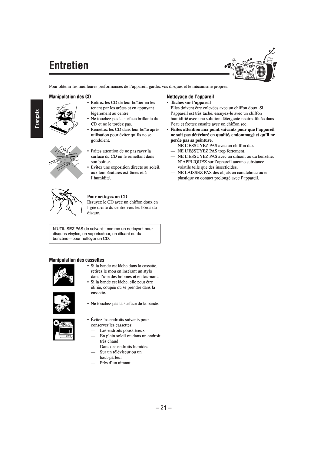 JVC FS-L30 manual Entretien, Français, Manipulation des CD, Nettoyage de l’appareil, Manipulation des cassettes 