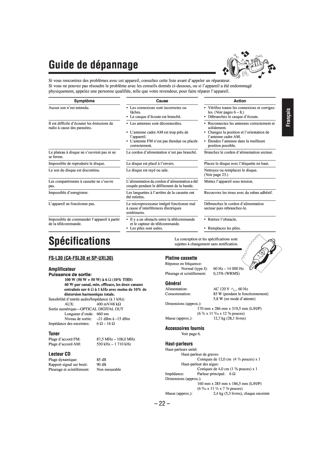 JVC Guide de dépannage, Spécifications, Français, FS-L30 CA-FSL30et SP-UXL30 Amplificateur, Platine cassette, Général 