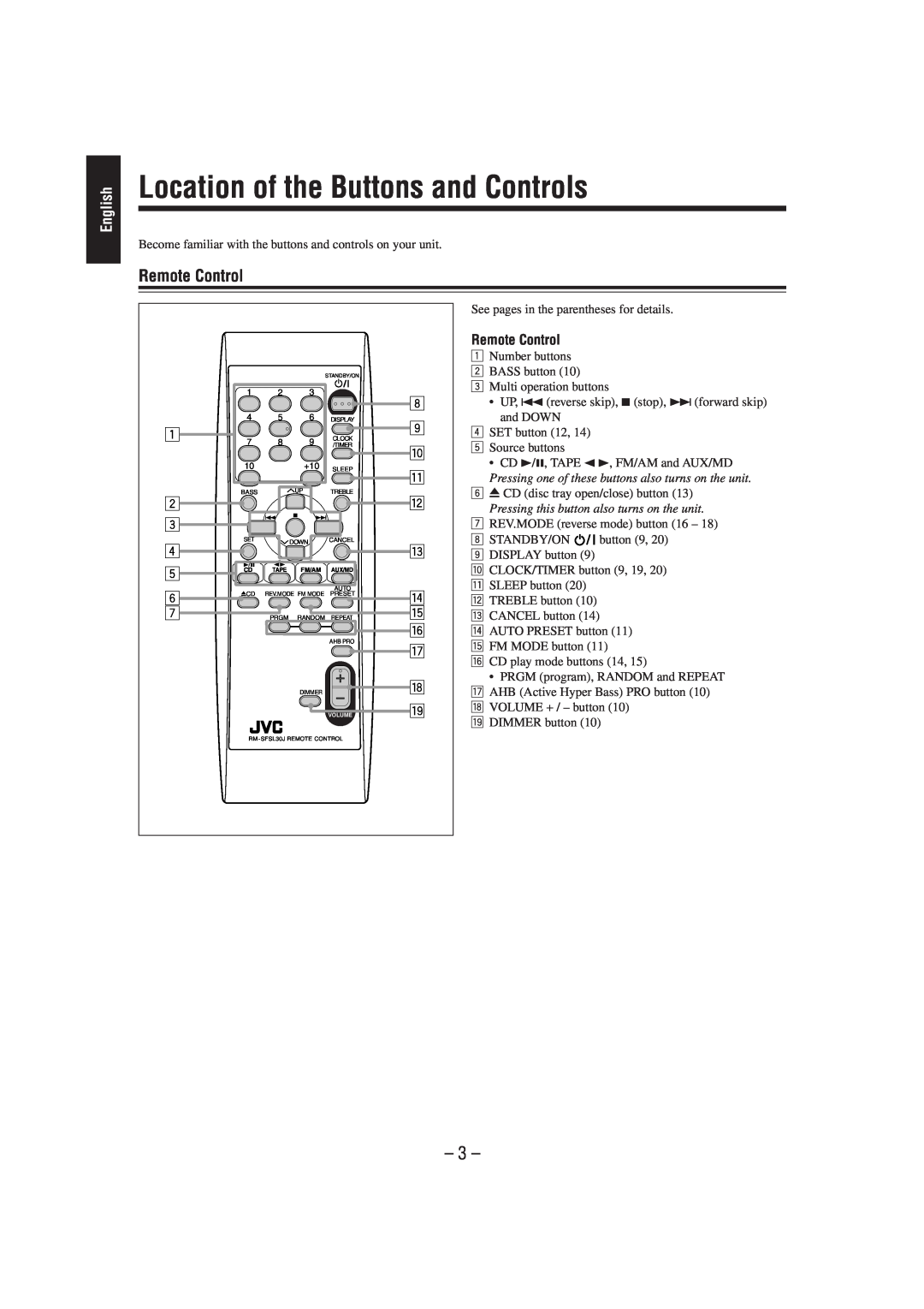 JVC FS-L30 manual Location of the Buttons and Controls, Remote Control, English, 8 9 p q w e r t y u i o 