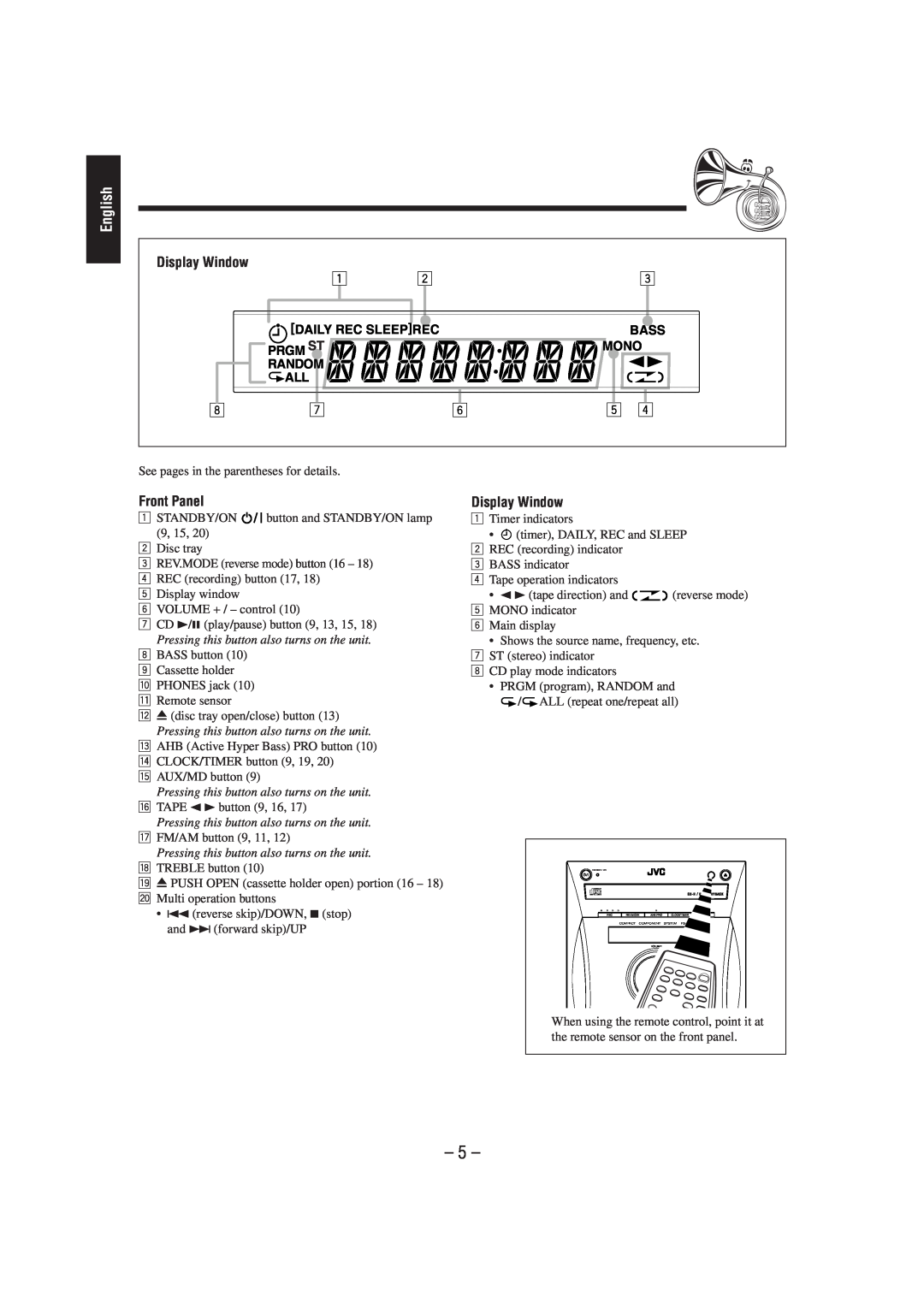 JVC FS-L30 manual English, Display Window, Front Panel, Bass, Prgm St, Mono, Daily Rec Sleep 