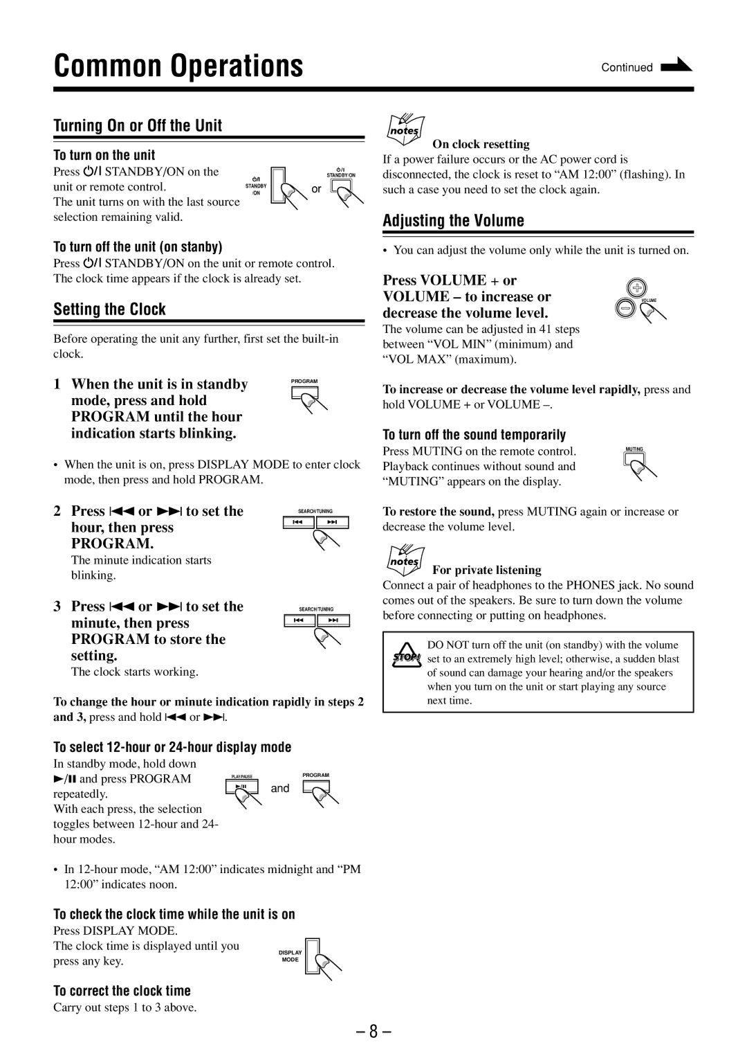 JVC FS-M3 manual Common Operations, Turning On or Off the Unit, Setting the Clock, Adjusting the Volume 