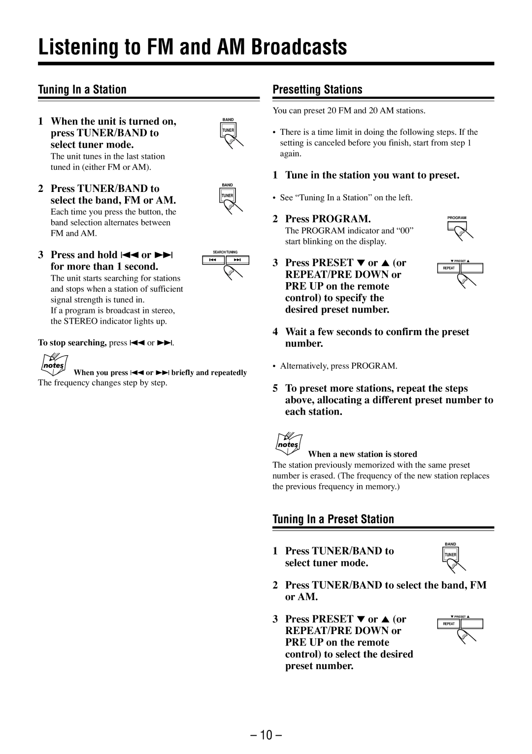 JVC FS-M3 manual Listening to FM and AM Broadcasts, Tuning In a Station, Presetting Stations, Tuning In a Preset Station 