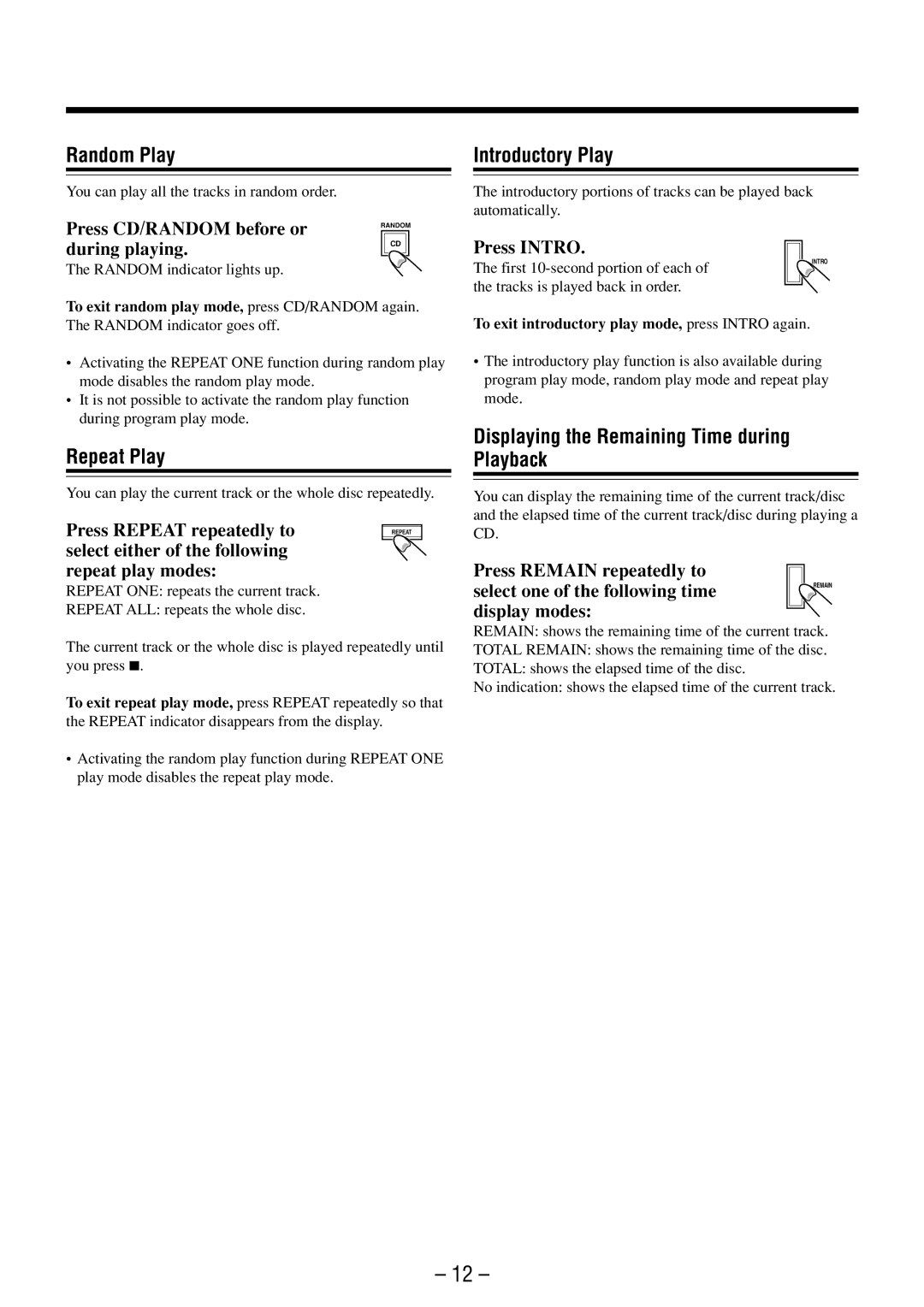 JVC FS-M3 manual Random Play, Introductory Play, Repeat Play, Displaying the Remaining Time during Playback 