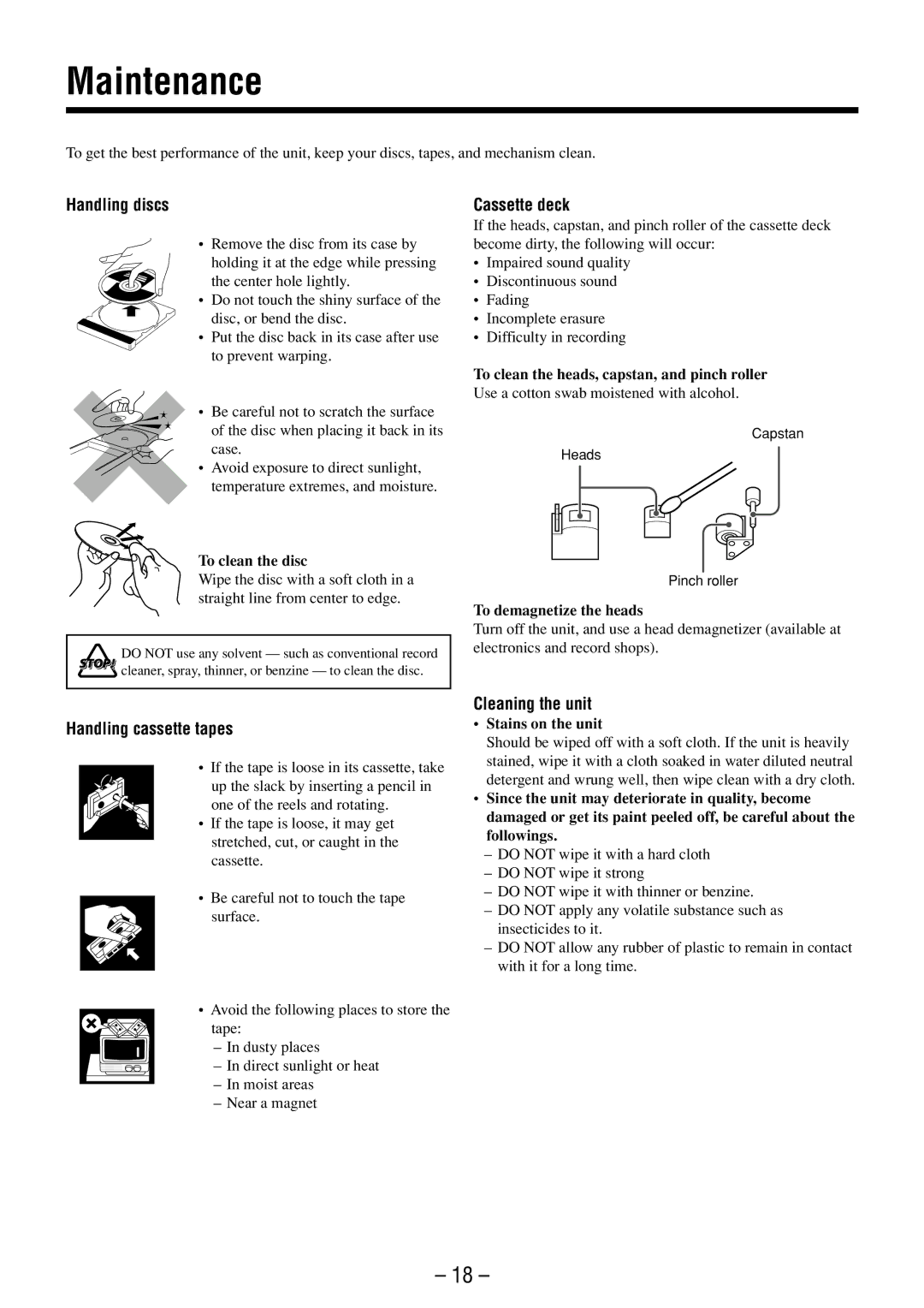 JVC FS-M3 manual Maintenance, Handling discs, Cassette deck, Handling cassette tapes, Cleaning the unit 