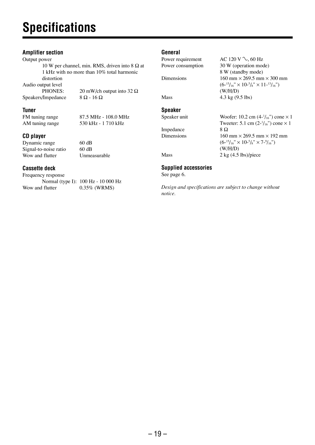 JVC FS-M3 manual Specifications 