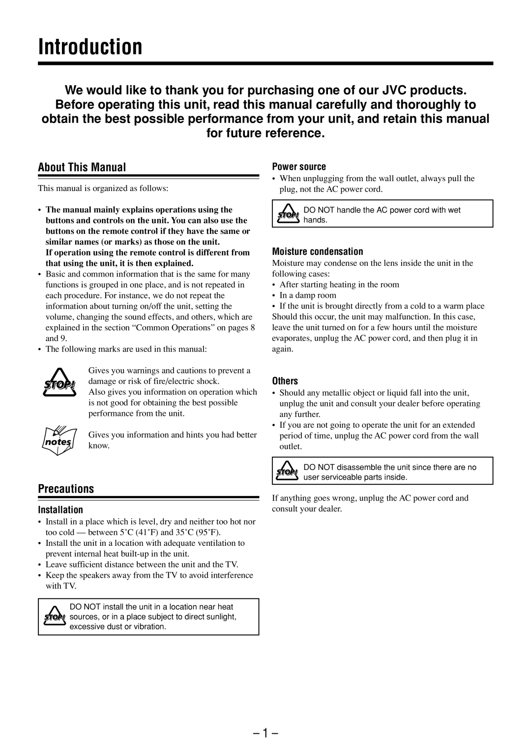 JVC FS-M3 manual Introduction, About This Manual, Precautions 