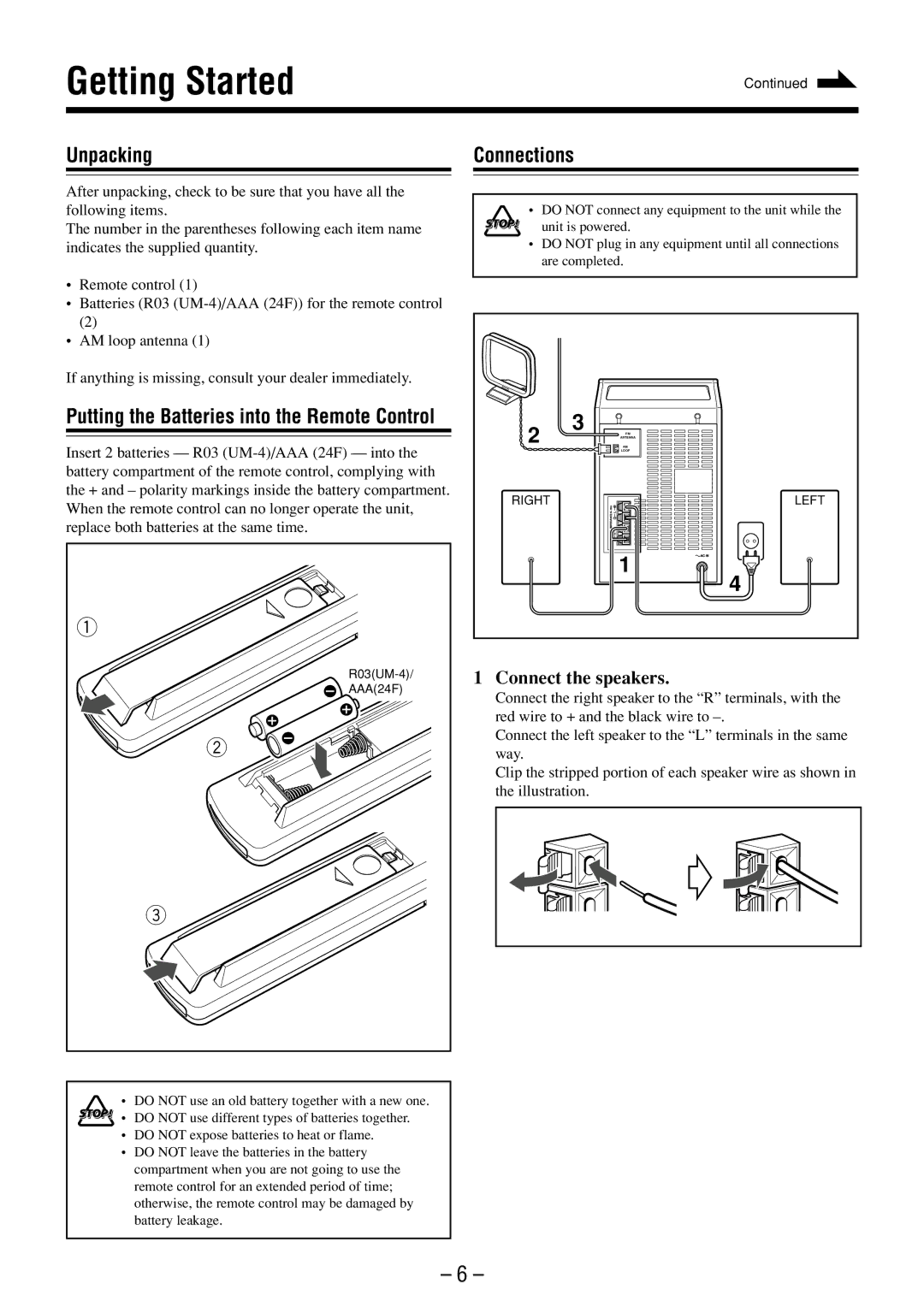 JVC FS-M3 manual Getting Started, Unpacking Connections, Connect the speakers 