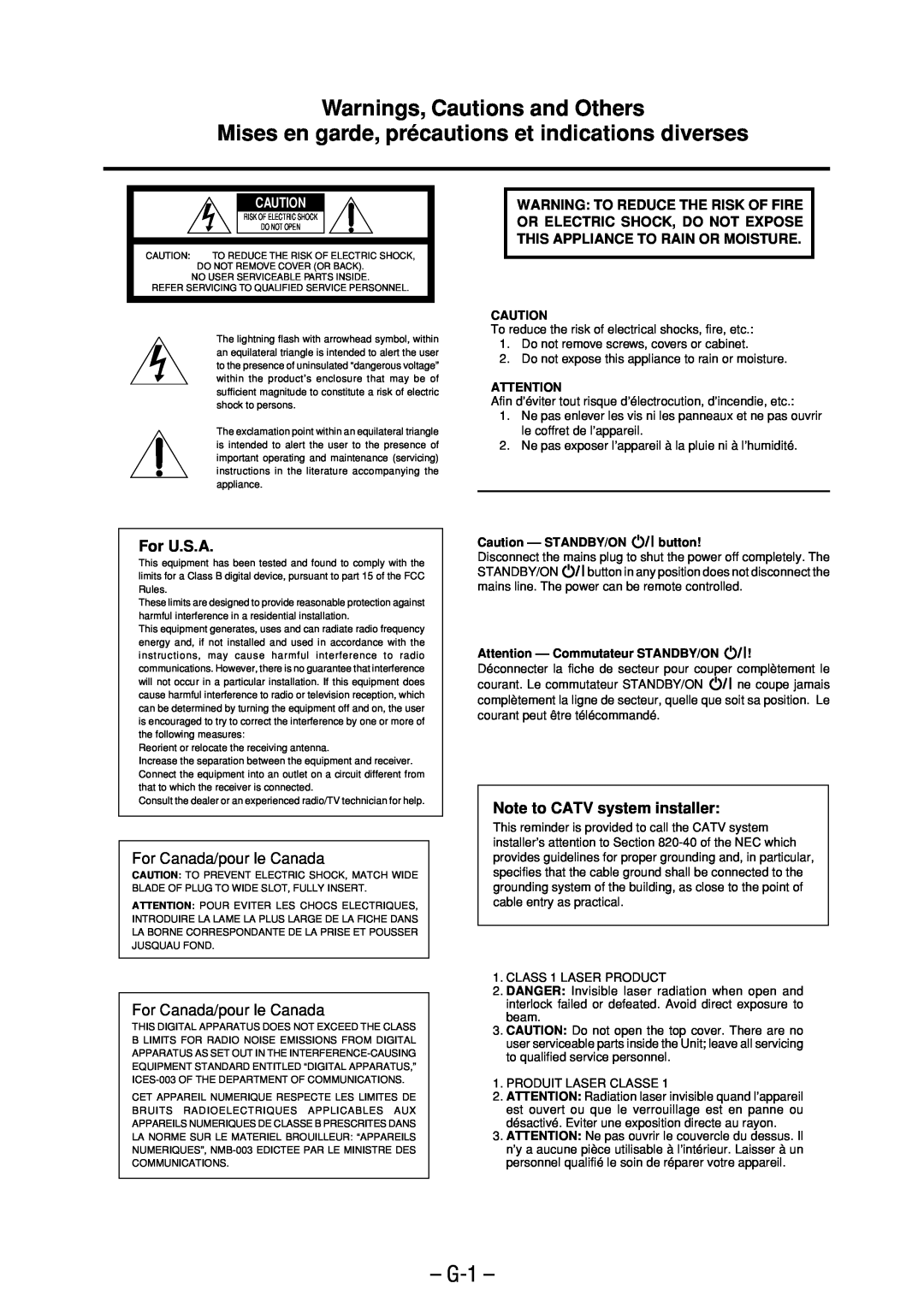 JVC FS-M3 manual Warnings, Cautions and Others, G-1, For U.S.A, For Canada/pour le Canada, Note to CATV system installer 