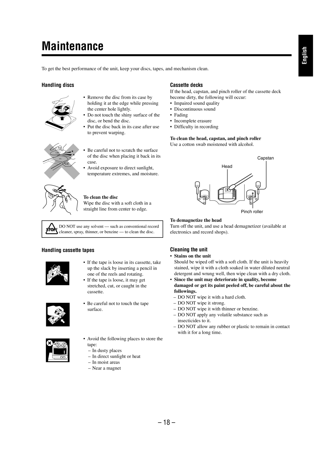 JVC FS-M5 manual Maintenance, Handling discs, Cassette decks, Handling cassette tapes, Cleaning the unit 