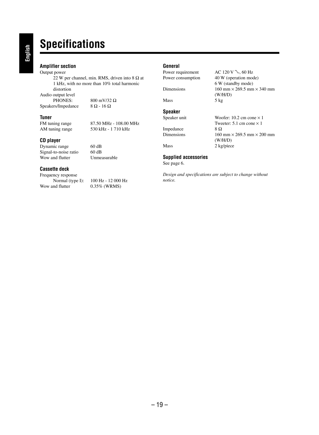 JVC FS-M5 manual Specifications 