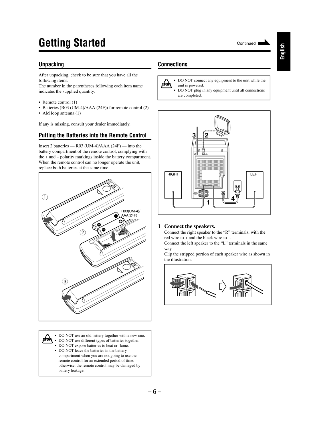 JVC FS-M5 manual Getting Started, Unpacking Connections, Connect the speakers 