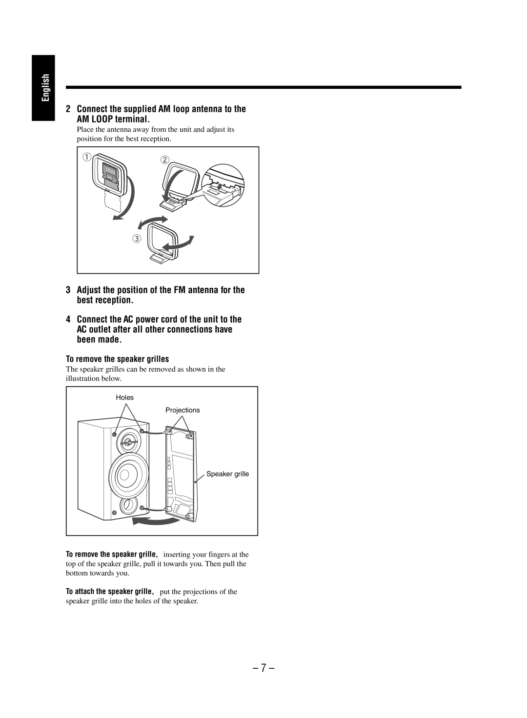 JVC FS-M5 manual To remove the speaker grilles, To remove the speaker grille, inserting your fingers at 