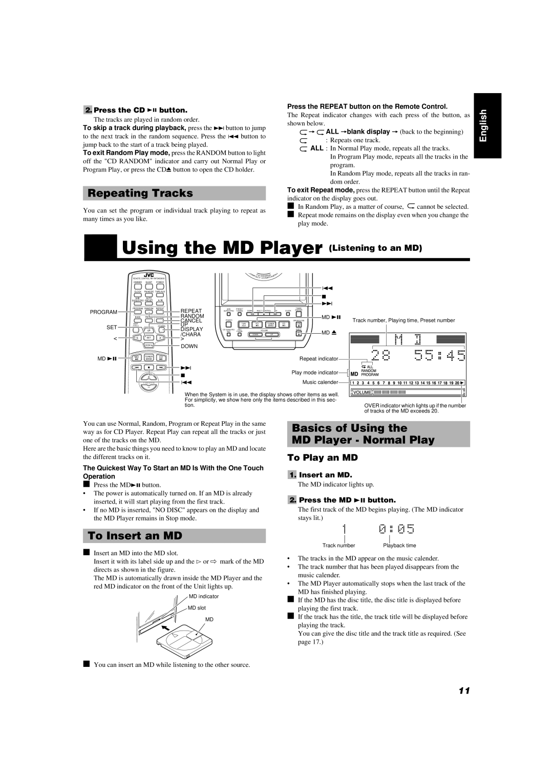 JVC FS-MD9000 manual Using the MD Player Listening to an MD, Repeating Tracks, Basics of Using MD Player Normal Play 