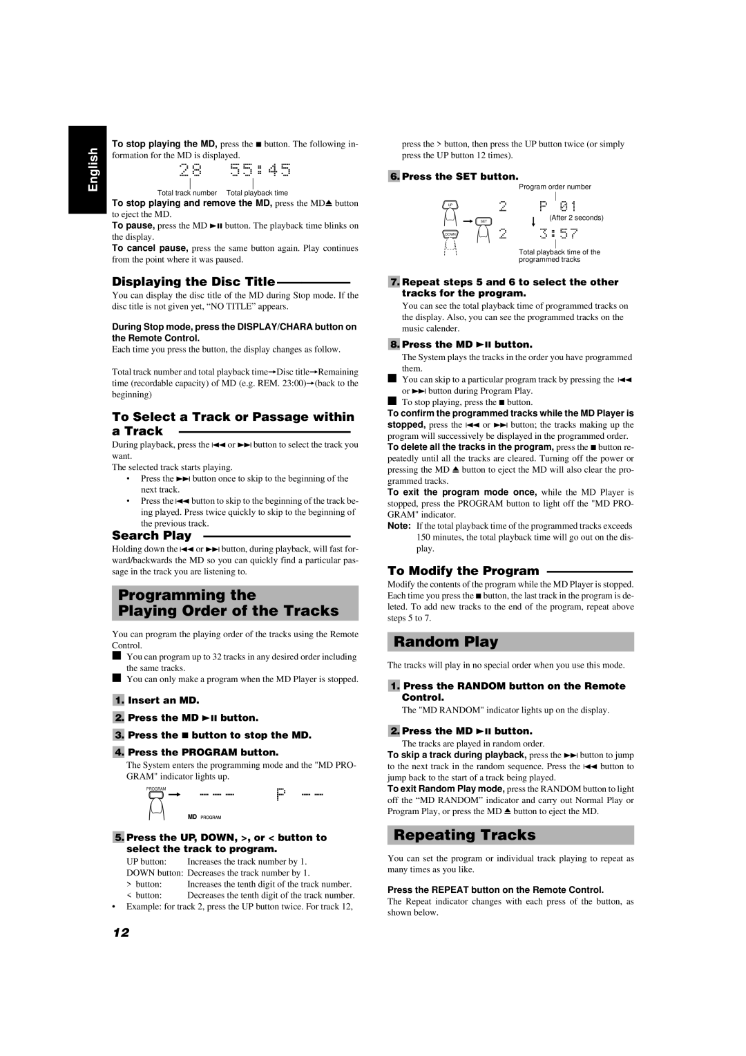 JVC FS-MD9000 manual Displaying the Disc Title, To stop playing and remove the MD, press the MD0 button 