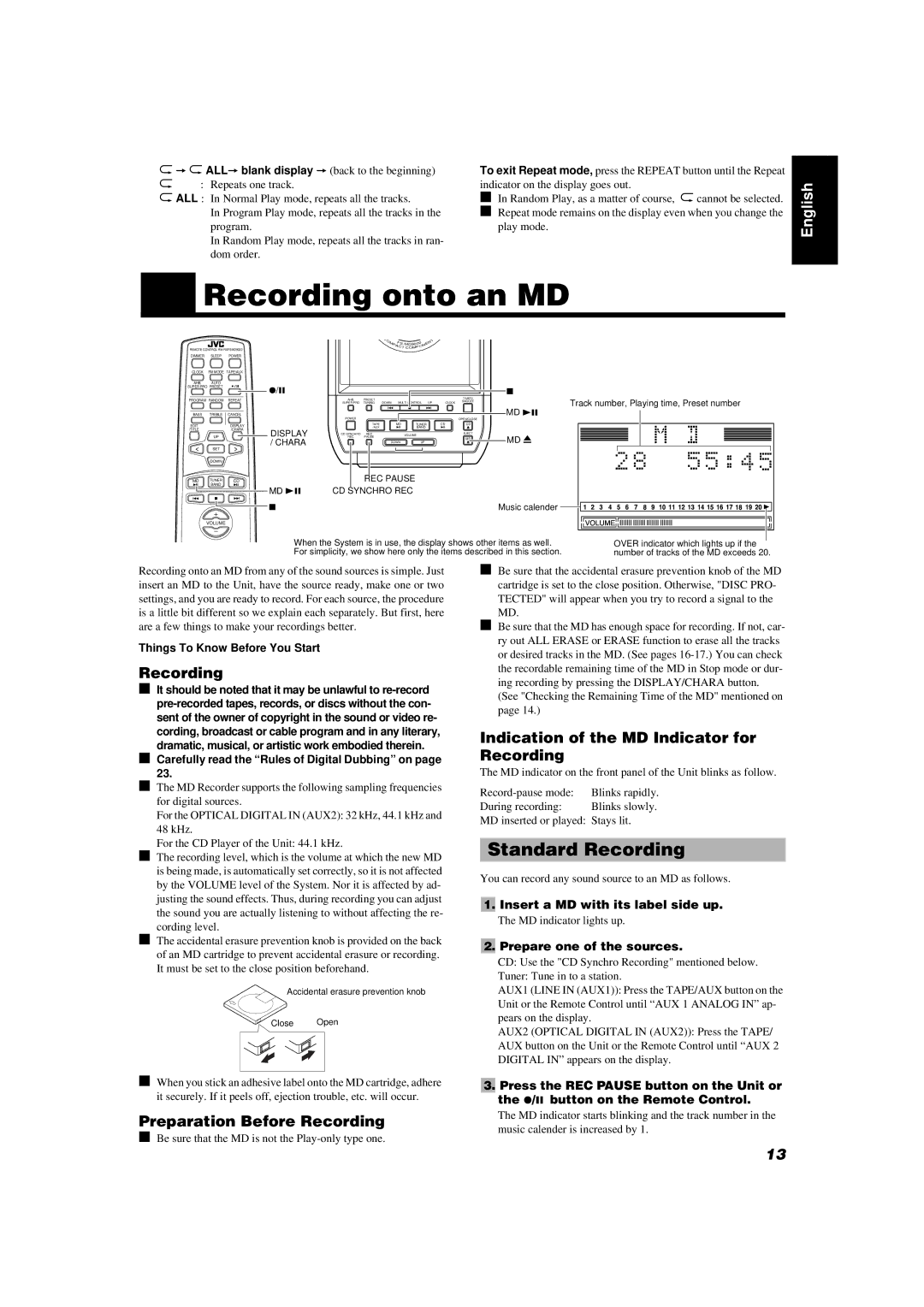 JVC FS-MD9000 manual Recording onto an MD, Standard Recording, Indication of the MD Indicator for Recording 