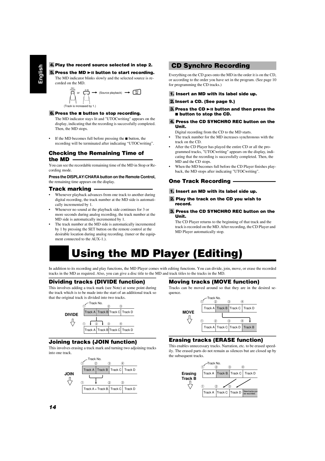 JVC FS-MD9000 manual Using the MD Player Editing, CD Synchro Recording 