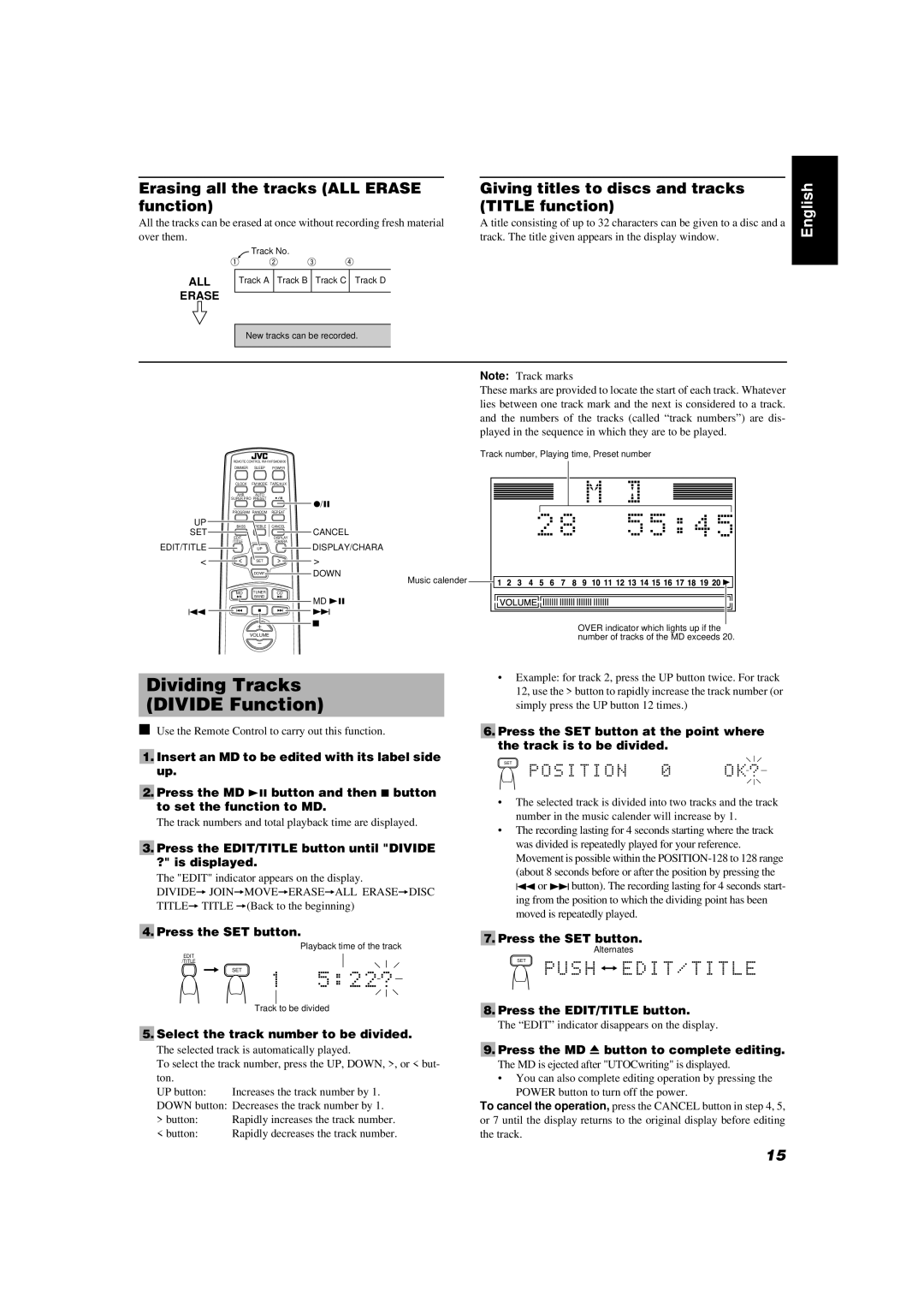 JVC FS-MD9000 manual Dividing Tracks Divide Function, Erasing all the tracks ALL Erase function 