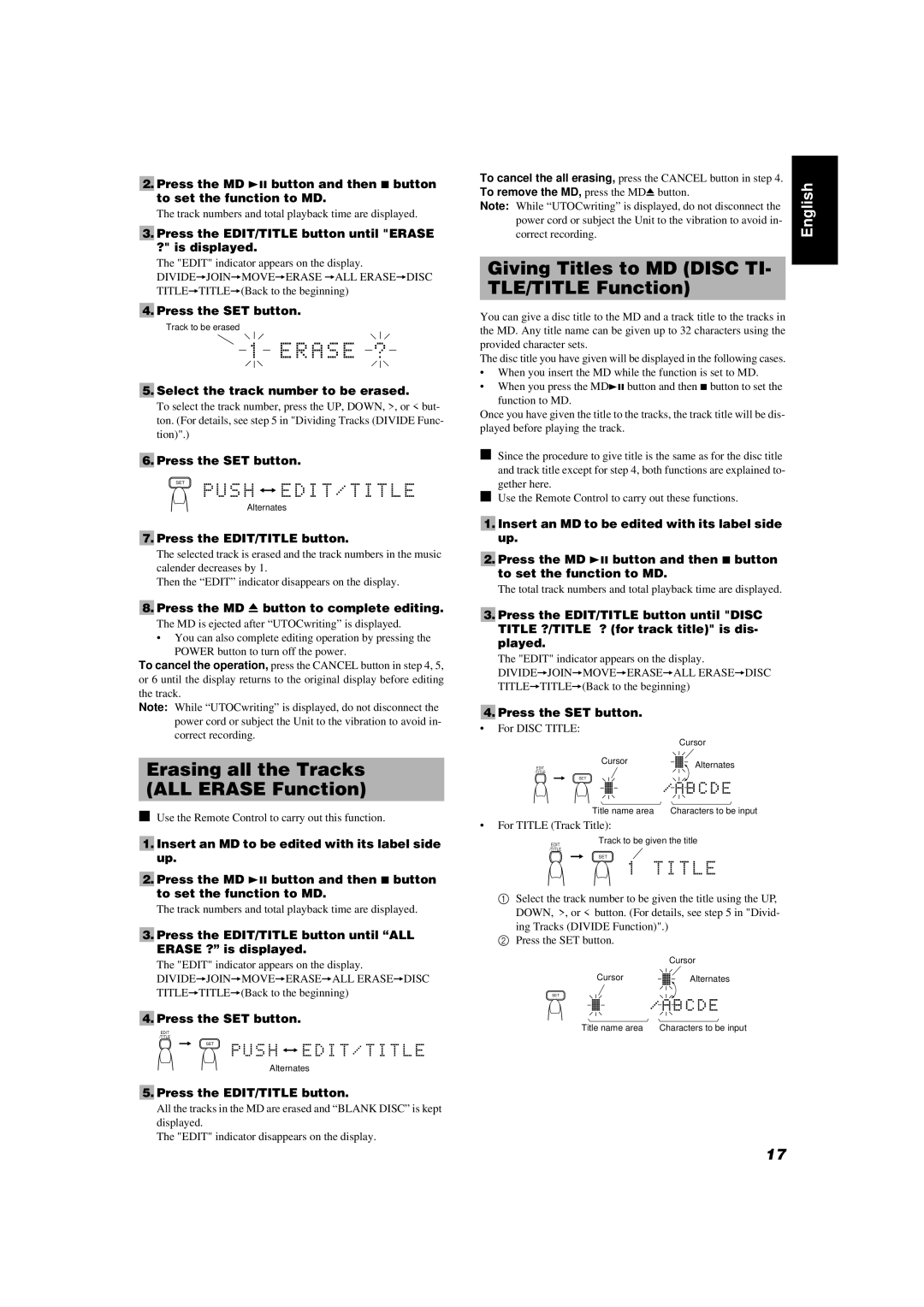 JVC FS-MD9000 manual Erasing all the Tracks ALL Erase Function, Giving Titles to MD Disc TI TLE/TITLE Function 