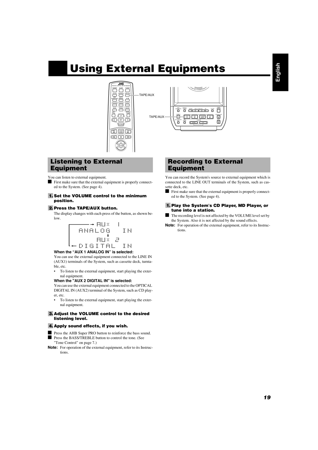 JVC FS-MD9000 manual Using External Equipments, Listening to External Recording to External Equipment, Tape/Aux 