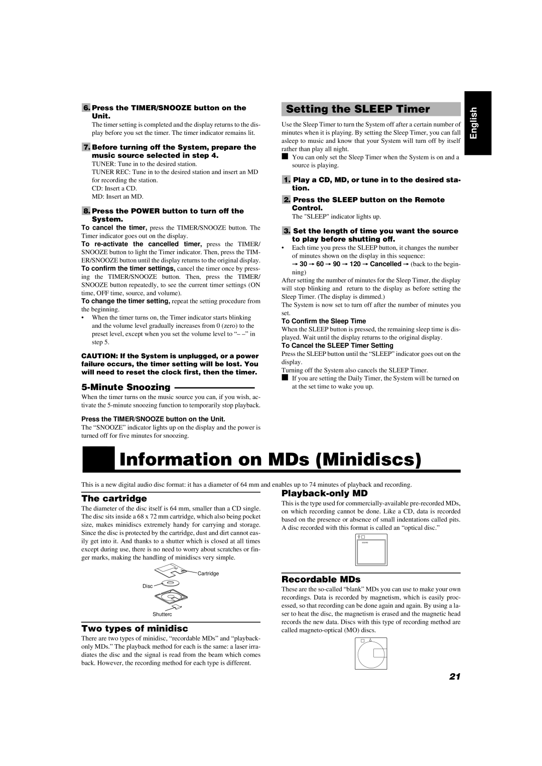 JVC FS-MD9000 manual Information on MDs Minidiscs, Setting the Sleep Timer 