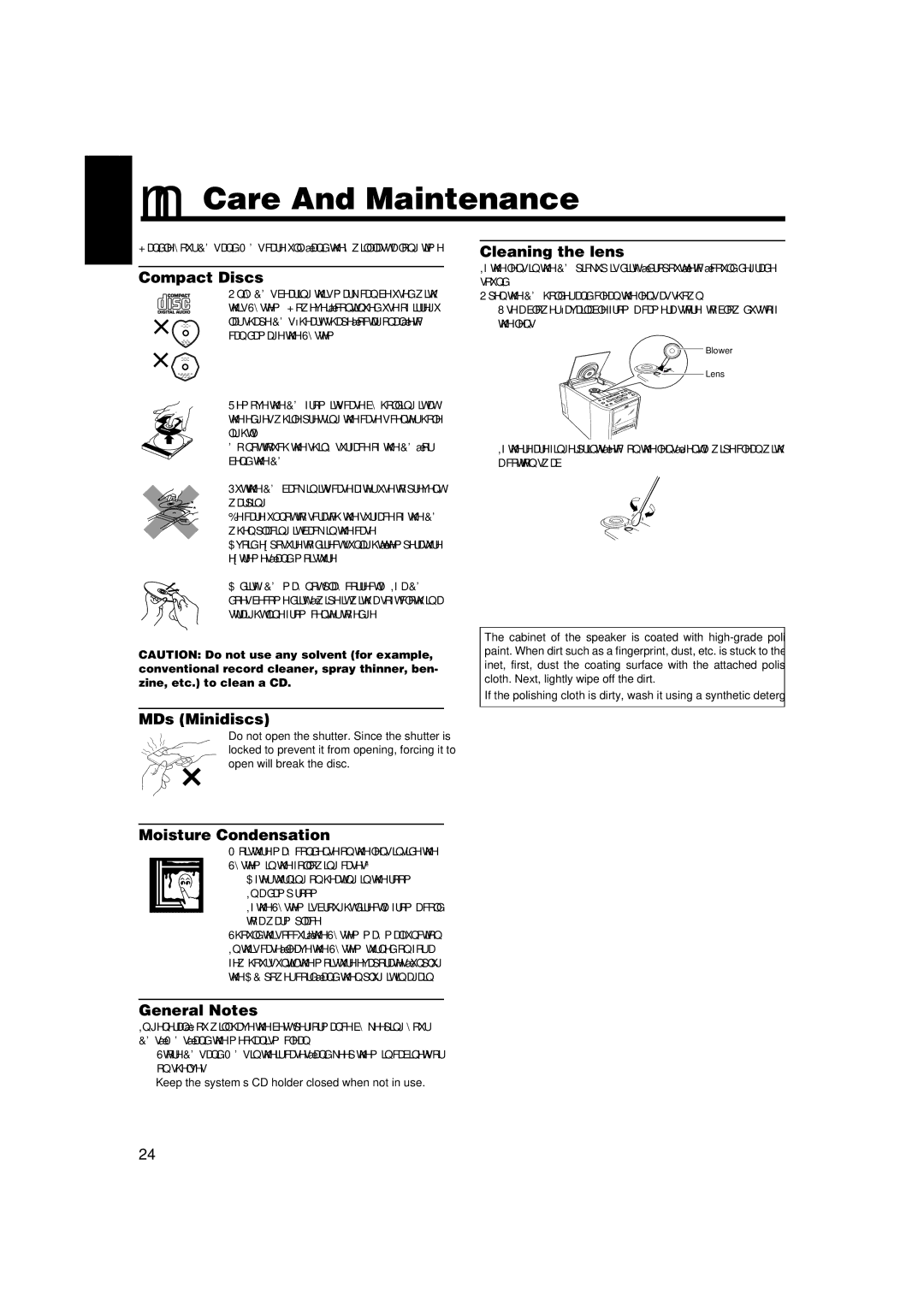 JVC FS-MD9000 manual Care And Maintenance 