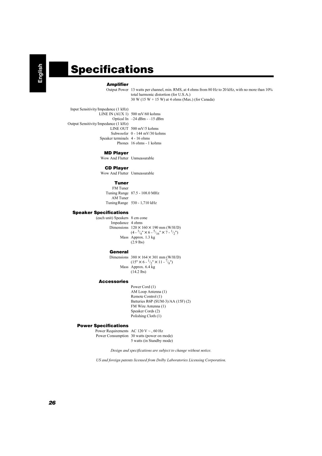 JVC FS-MD9000 manual Specifications 