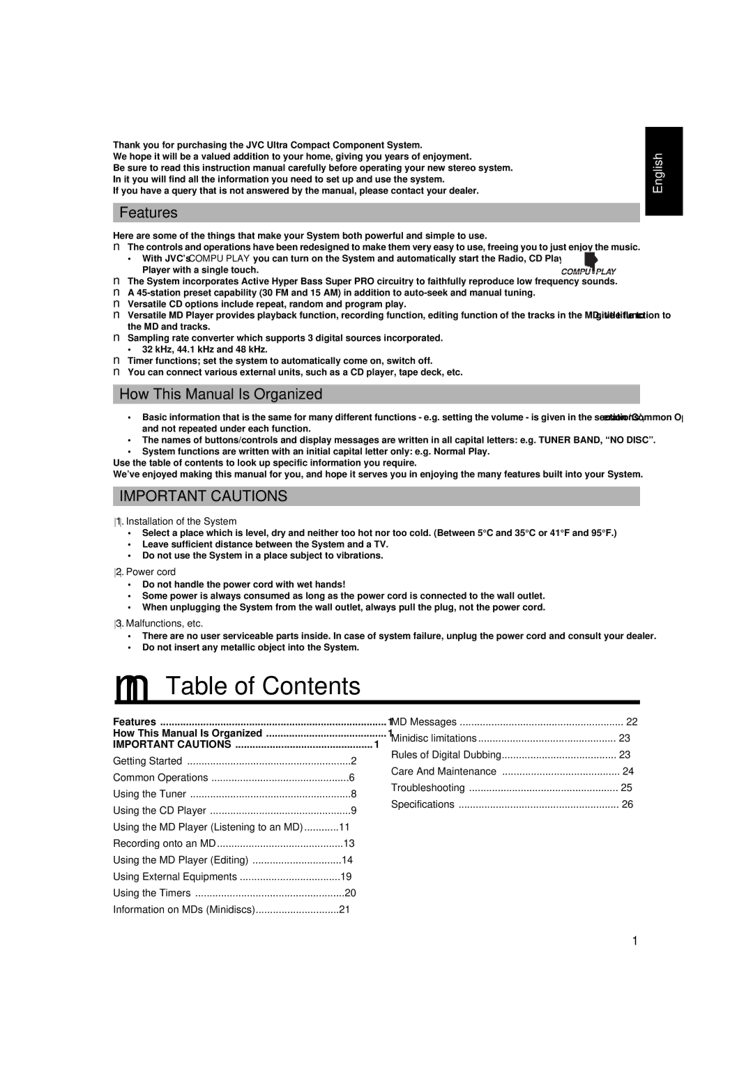 JVC FS-MD9000 manual Table of Contents 