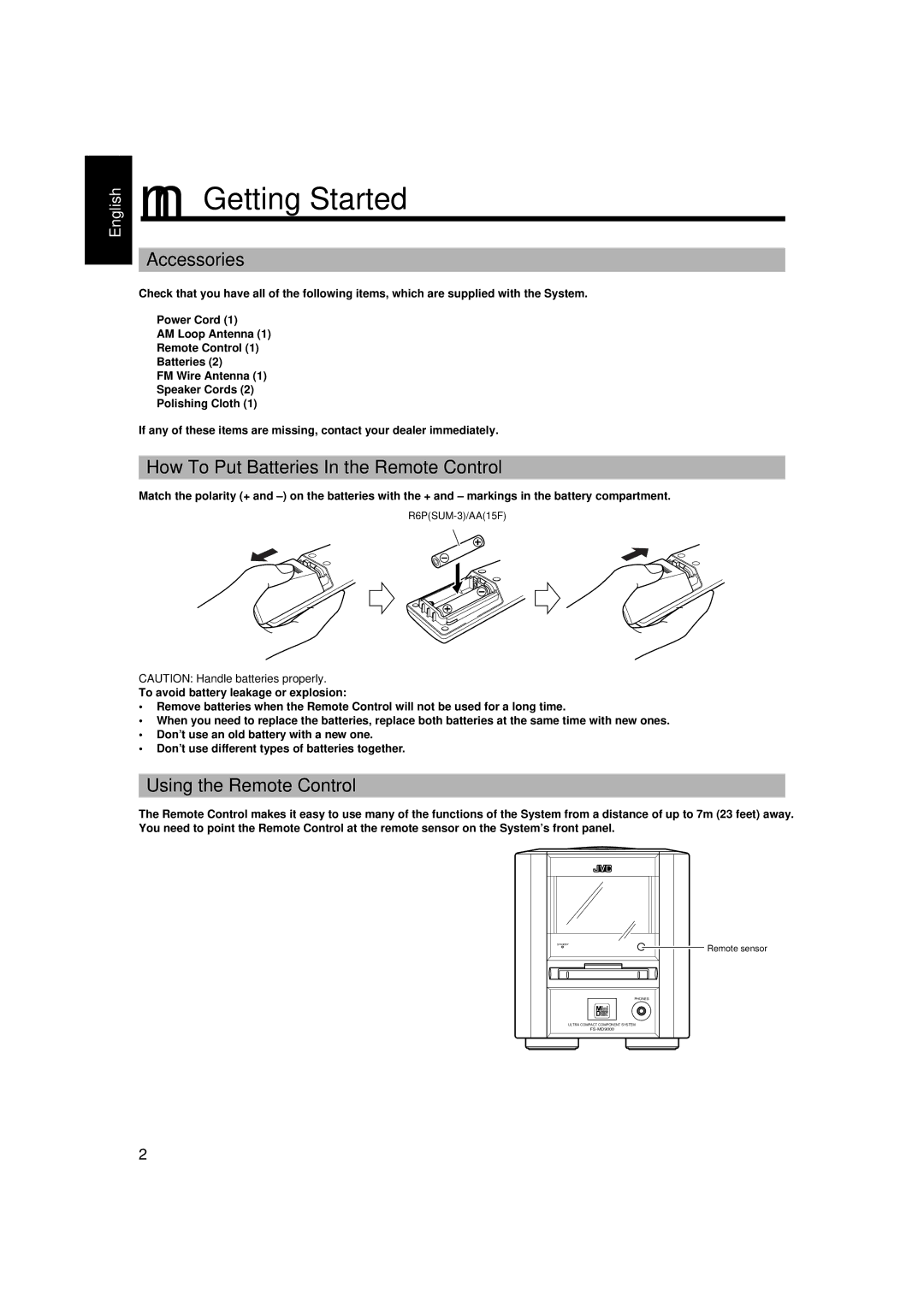 JVC FS-MD9000 manual Getting Started, Accessories, How To Put Batteries In the Remote Control, Using the Remote Control 