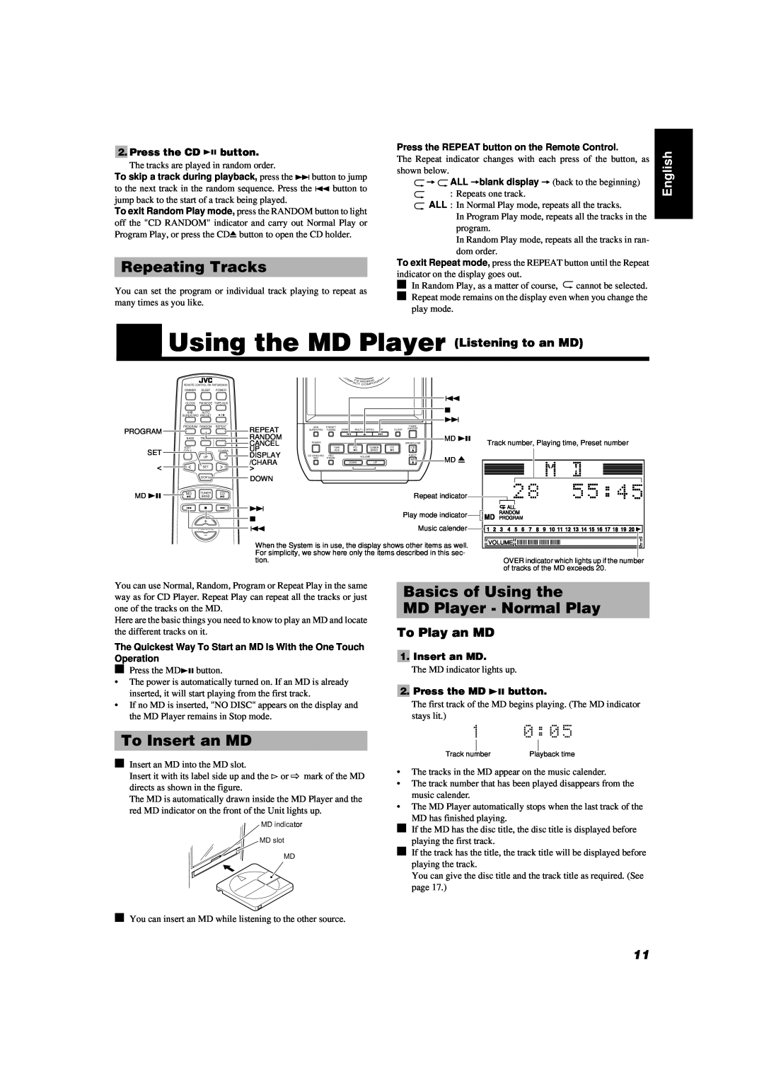 JVC FS-MD9000 manual Using the MD Player Listening to an MD, Repeating Tracks, Basics of Using the MD Player - Normal Play 