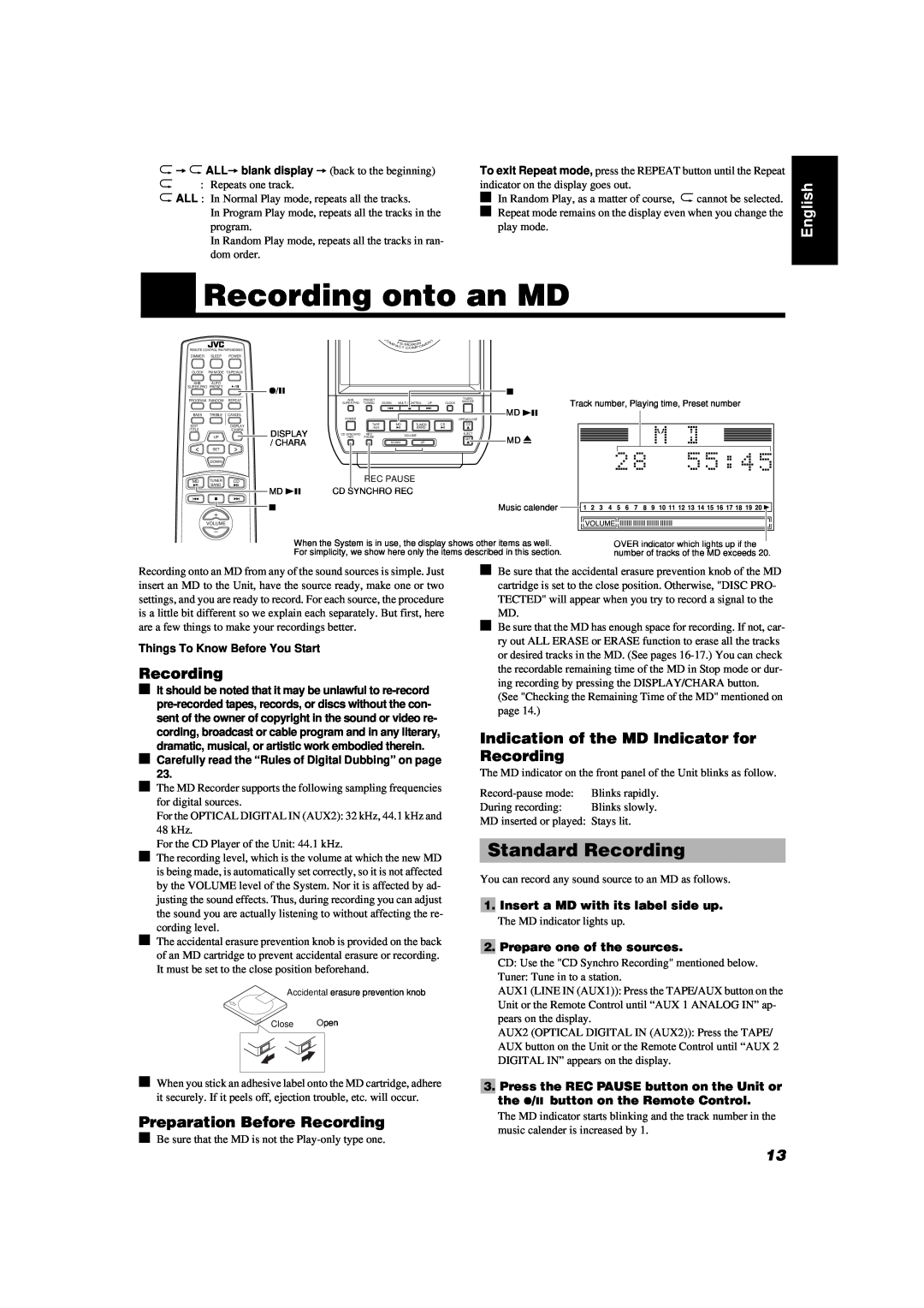 JVC FS-MD9000 manual Recording onto an MD, Standard Recording, Indication of the MD Indicator for Recording, English 