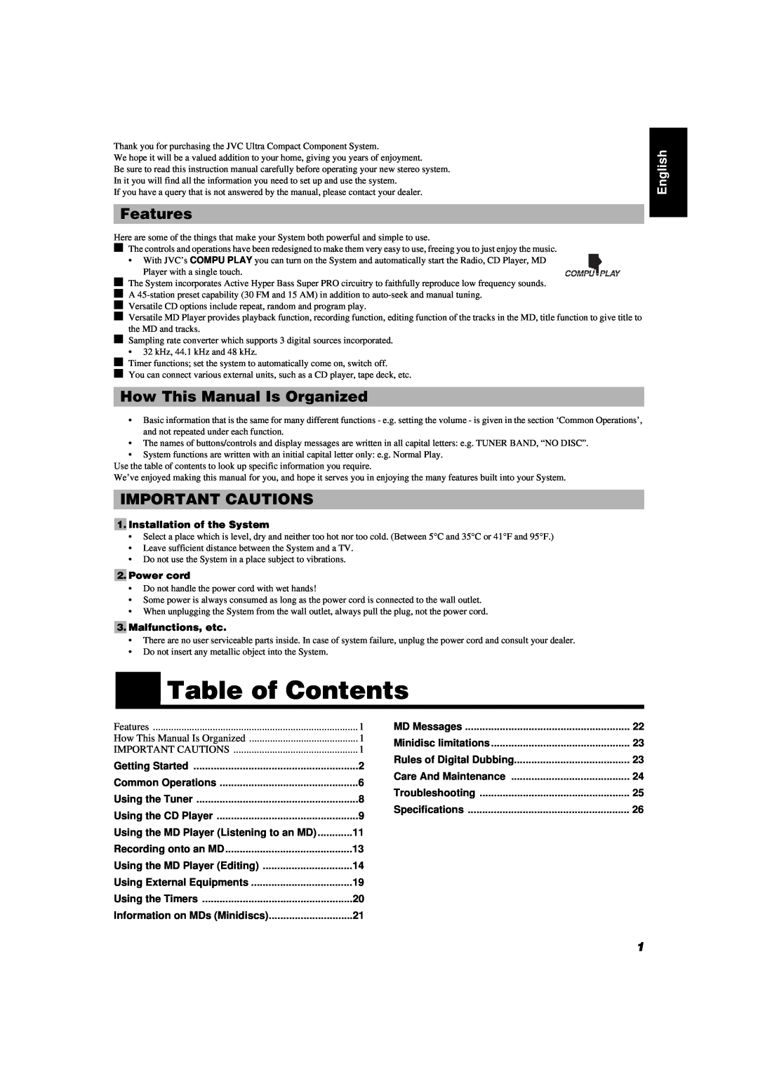 JVC FS-MD9000 manual Table of Contents, Features, How This Manual Is Organized, Important Cautions, English, Power cord 