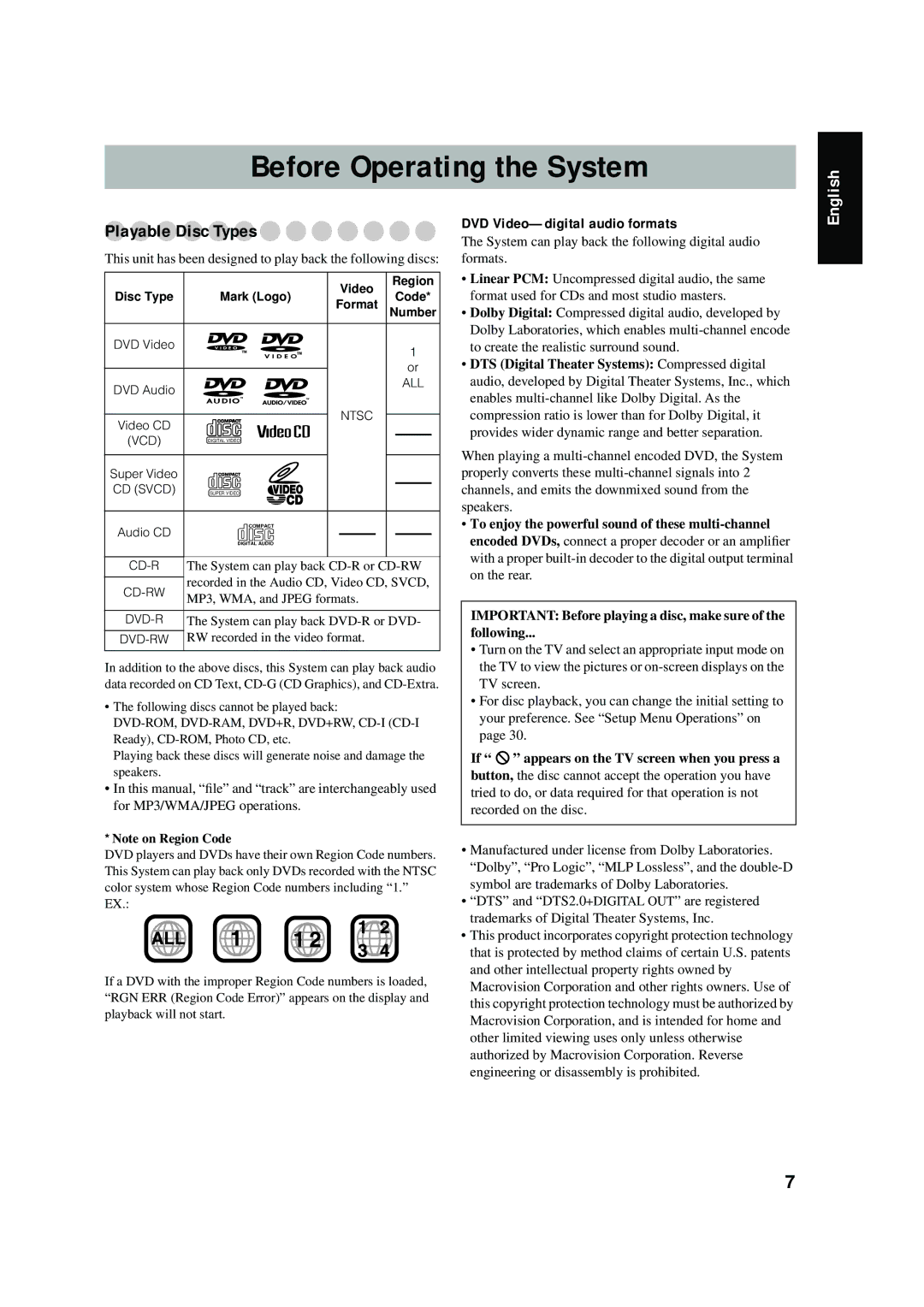 JVC FS-P550 manual Before Operating the System, Playable Disc Types, DVD Video-digital audio formats 