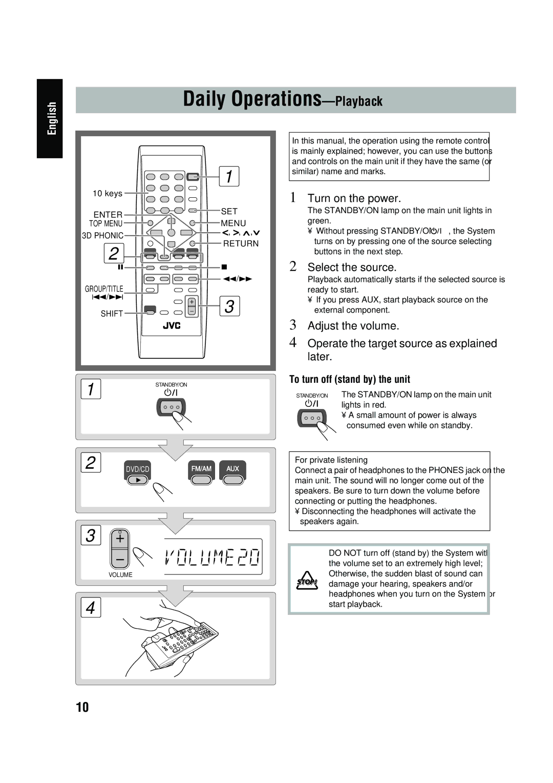 JVC FS-P550 manual Daily Operations-Playback, To turn off stand by the unit, For private listening 